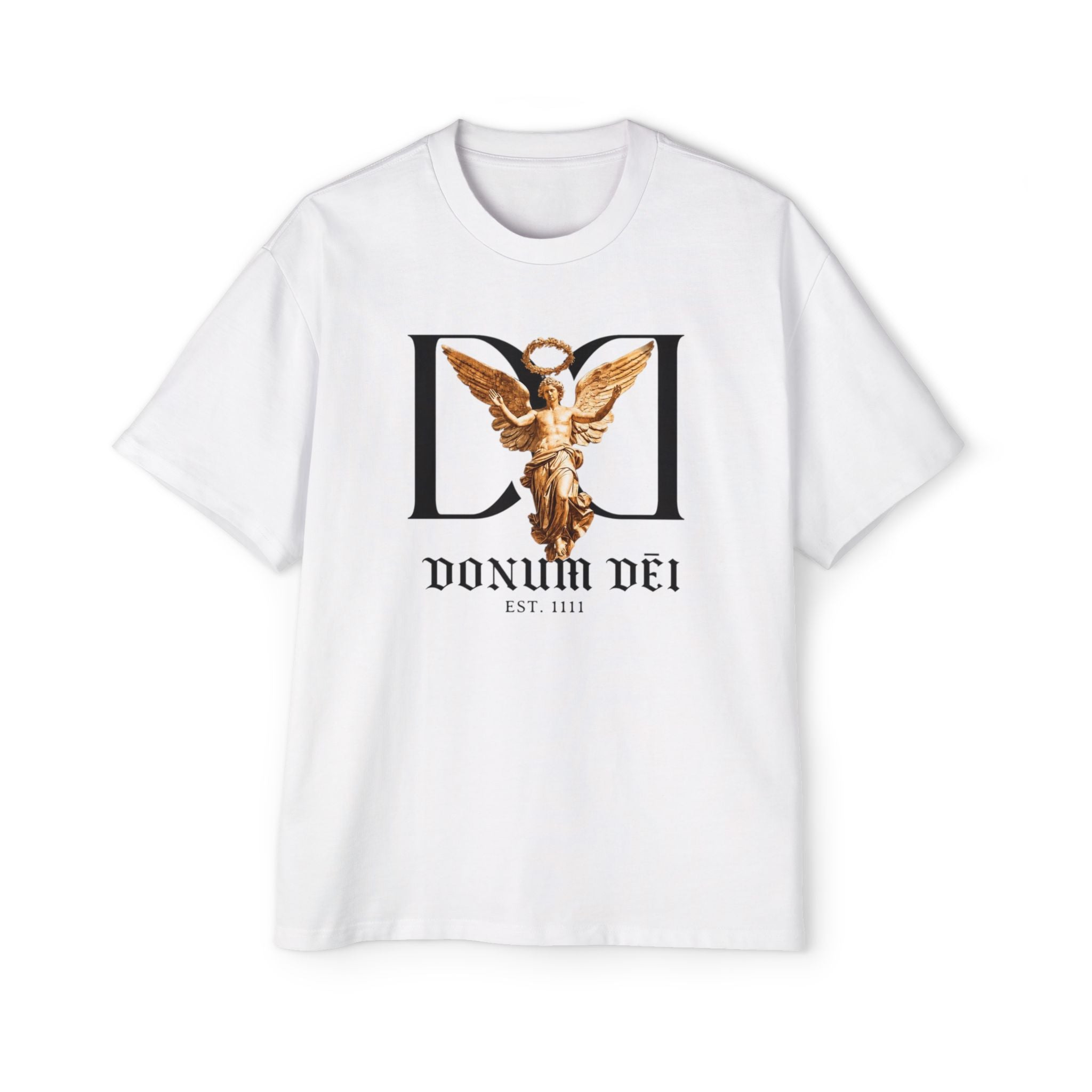 Donum Dei Angel Graphic Tee — Vintage Roman Lettering Men’s Oversized T‑Shirt