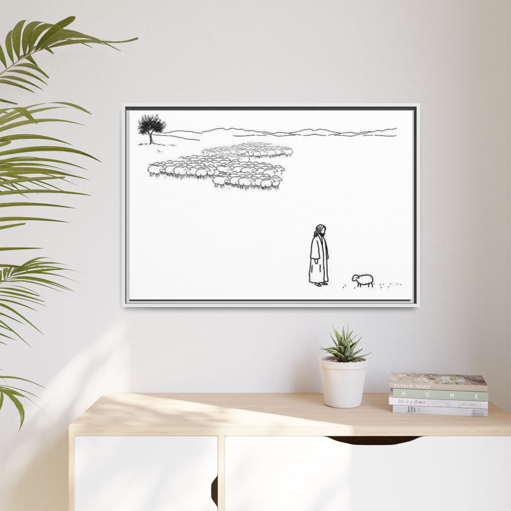 Framed Matte Canvas Print — Minimal The Good Shepherd & Flock Line Art
