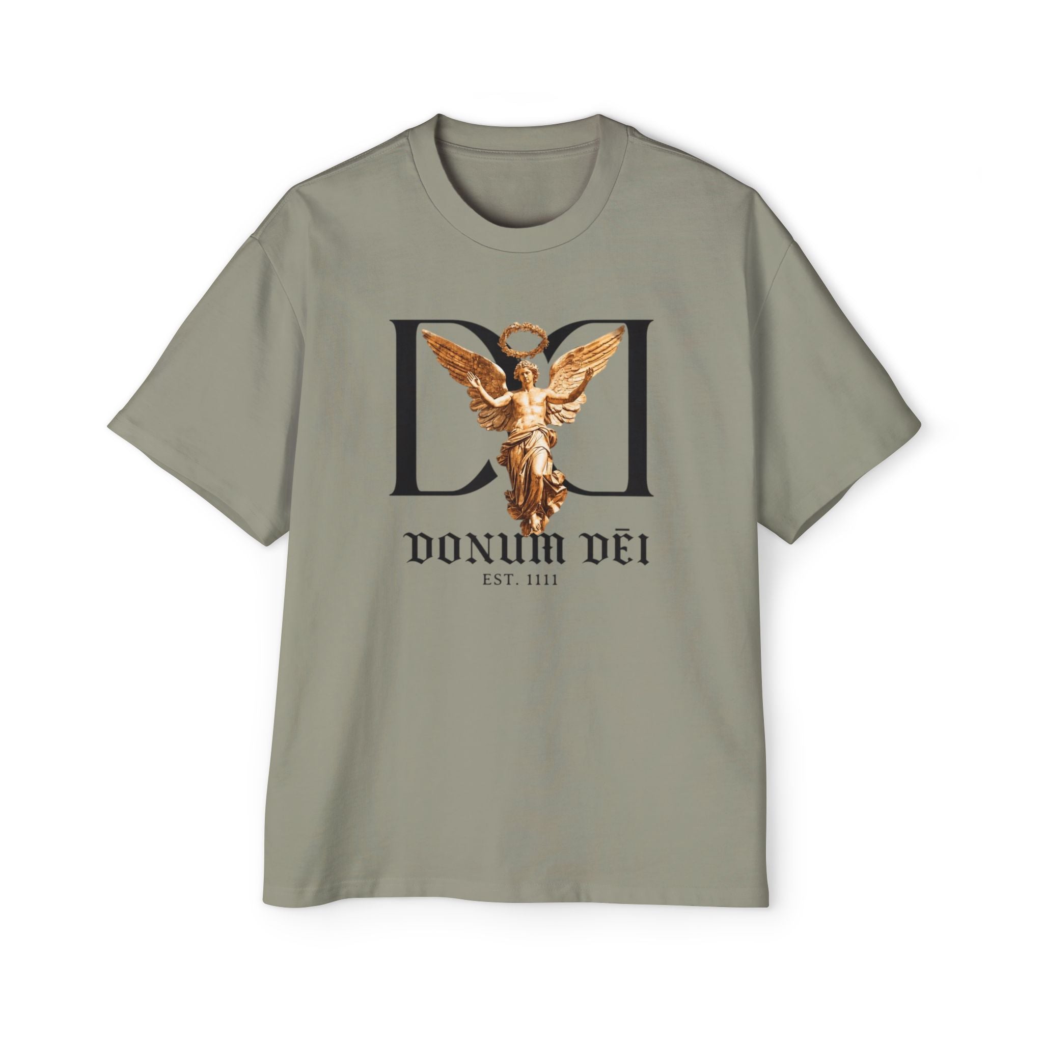 Donum Dei Angel Graphic Tee — Vintage Roman Lettering Men’s Oversized T‑Shirt