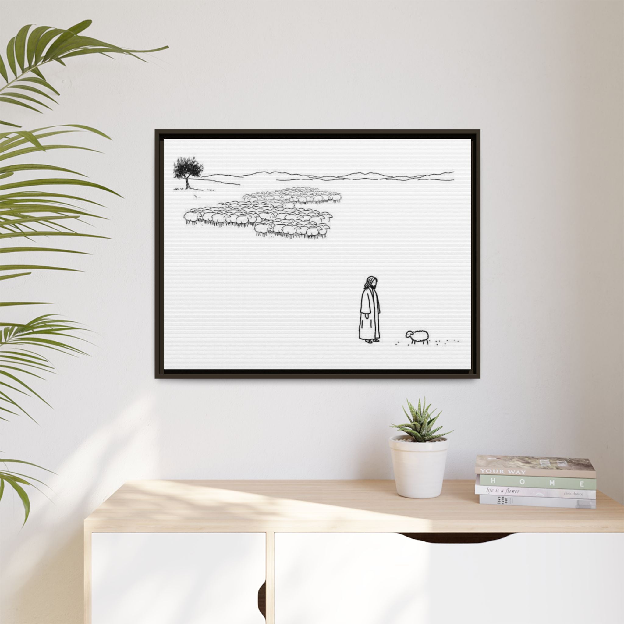 Framed Matte Canvas Print — Minimal The Good Shepherd & Flock Line Art