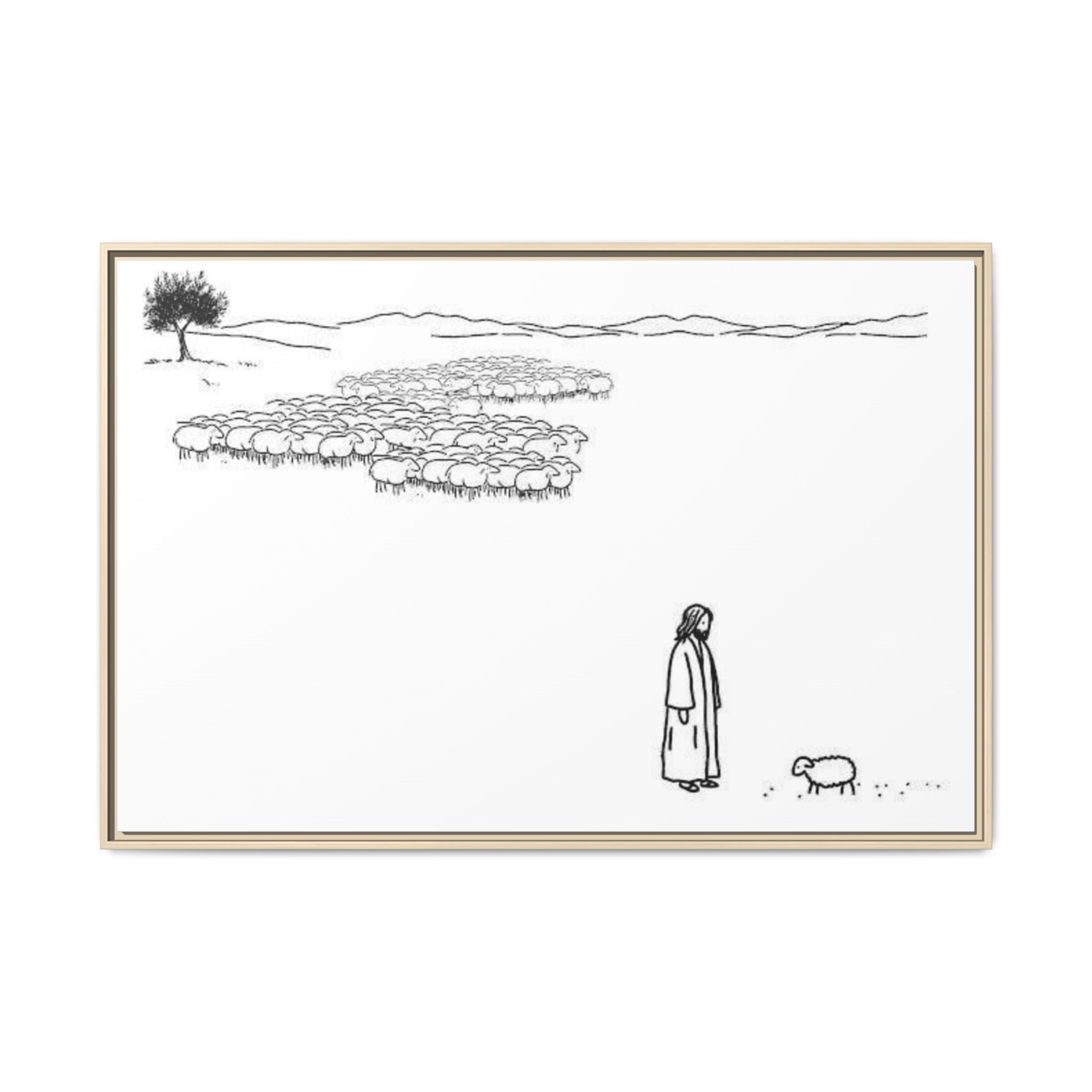 Framed Matte Canvas Print — Minimal The Good Shepherd & Flock Line Art