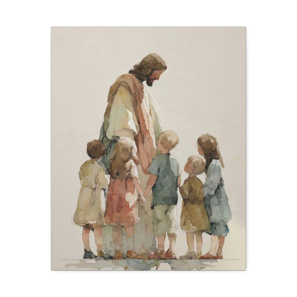 Faithful Father and Children Watercolor Canvas Print — Religious Nursery Wall Art