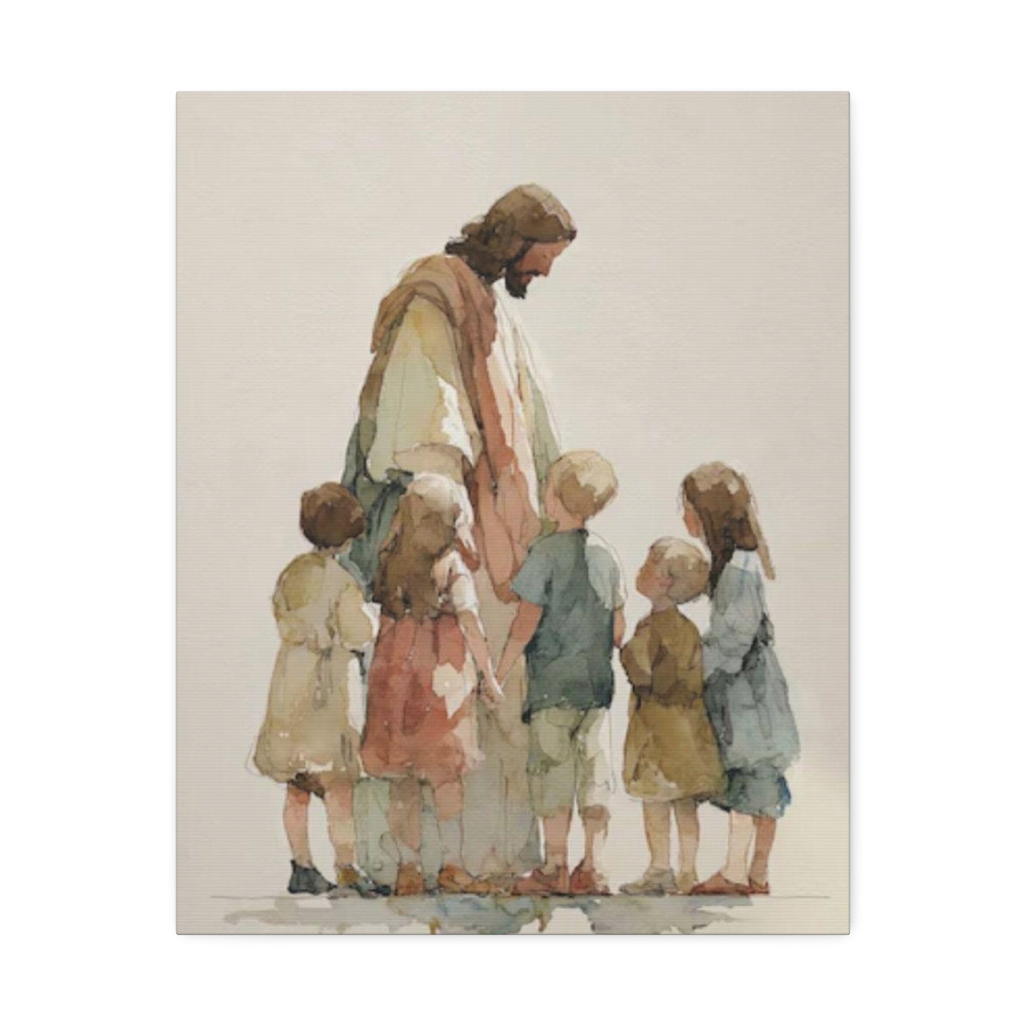Faithful Father and Children Watercolor Canvas Print — Religious Nursery Wall Art