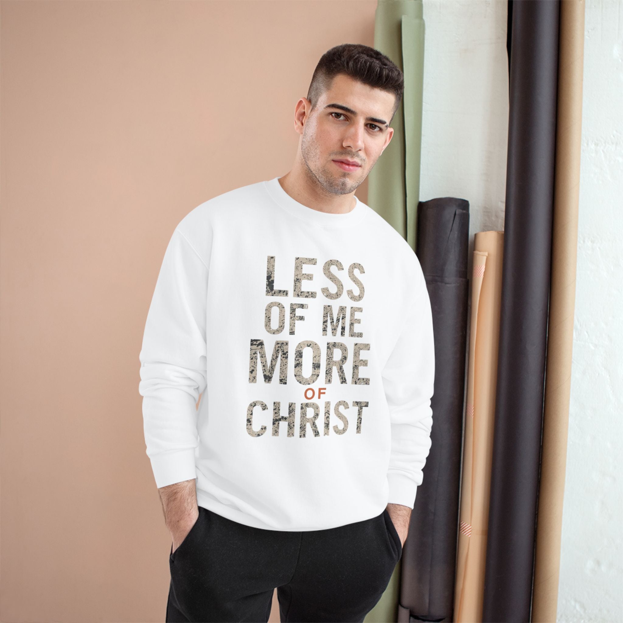 Christian Sweatshirt — "Less of Me, More of Christ" Inspirational Crewneck