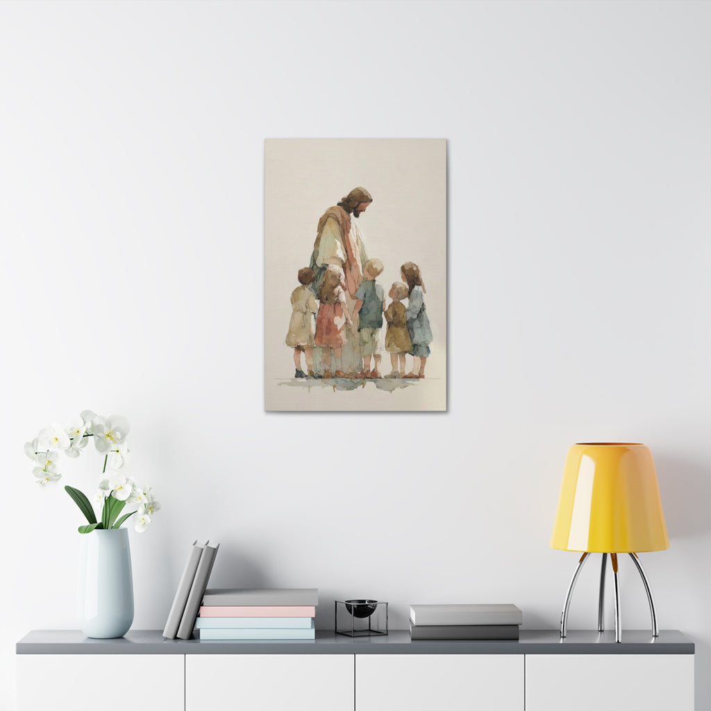 Faithful Father and Children Watercolor Canvas Print — Religious Nursery Wall Art