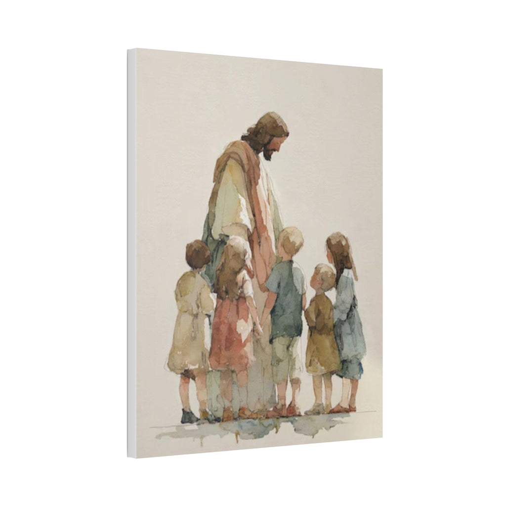 Faithful Father and Children Watercolor Canvas Print — Religious Nursery Wall Art
