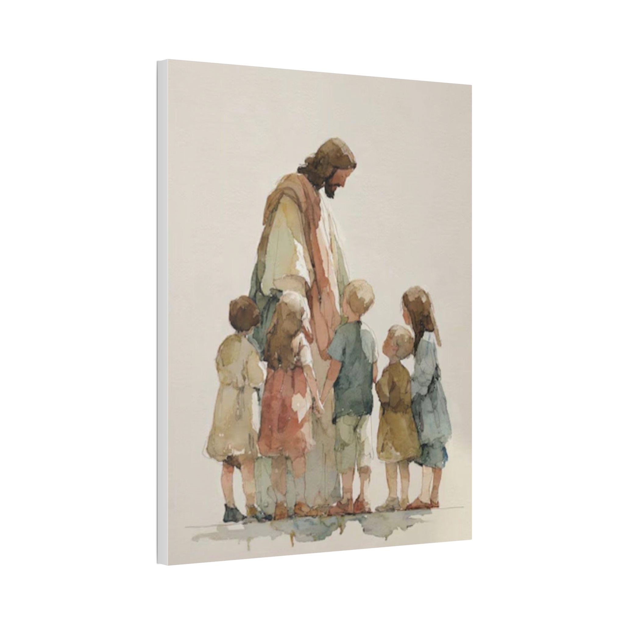 Faithful Father and Children Watercolor Canvas Print — Religious Nursery Wall Art