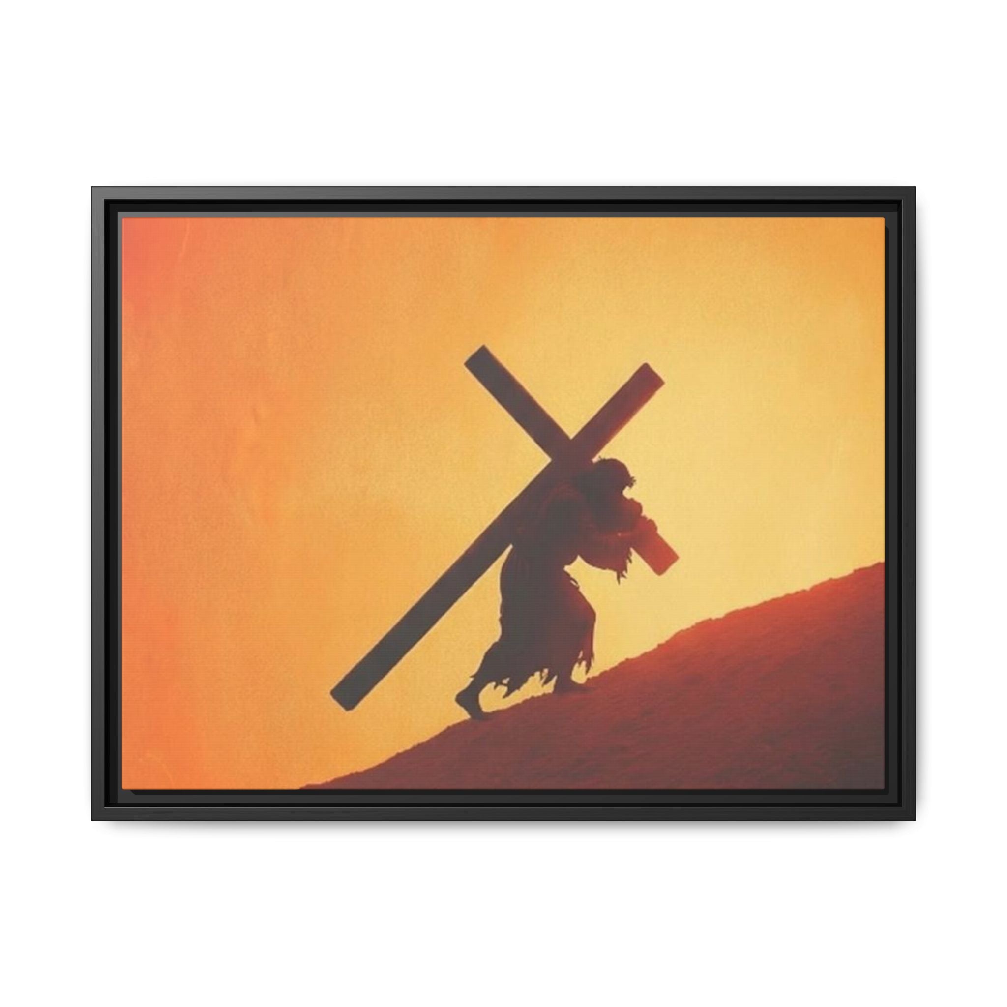 Jesus Christ Carrying Cross Framed Canvas — 'The World On His Shoulder' Sunset Art