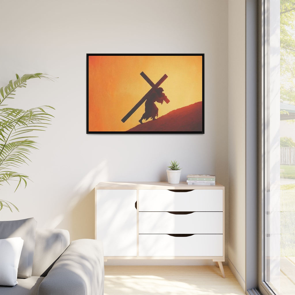 Jesus Christ Carrying Cross Framed Canvas — 'The World On His Shoulder' Sunset Art