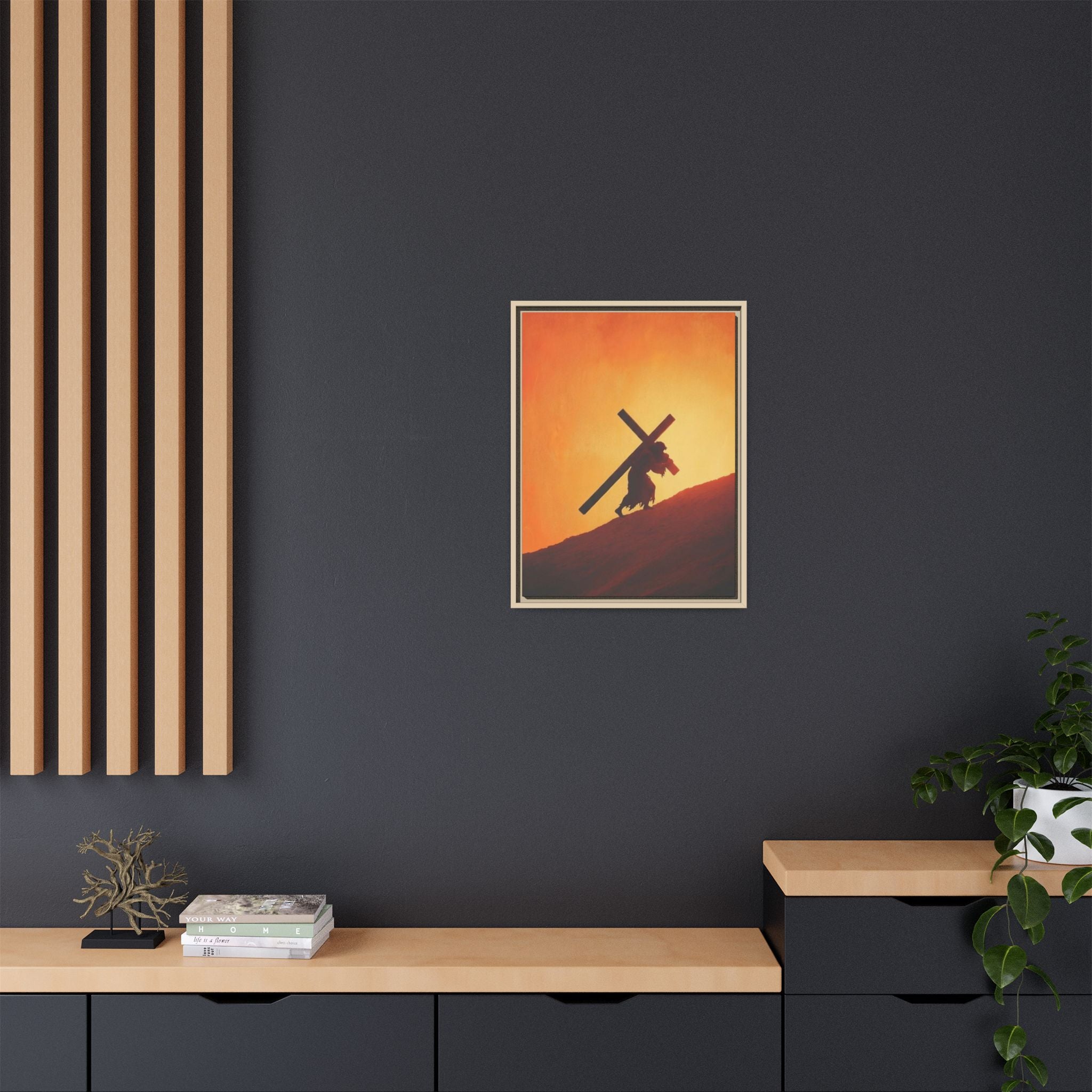 Jesus Christ Carrying Cross Framed Canvas — 'The World On His Shoulder' Sunset Art