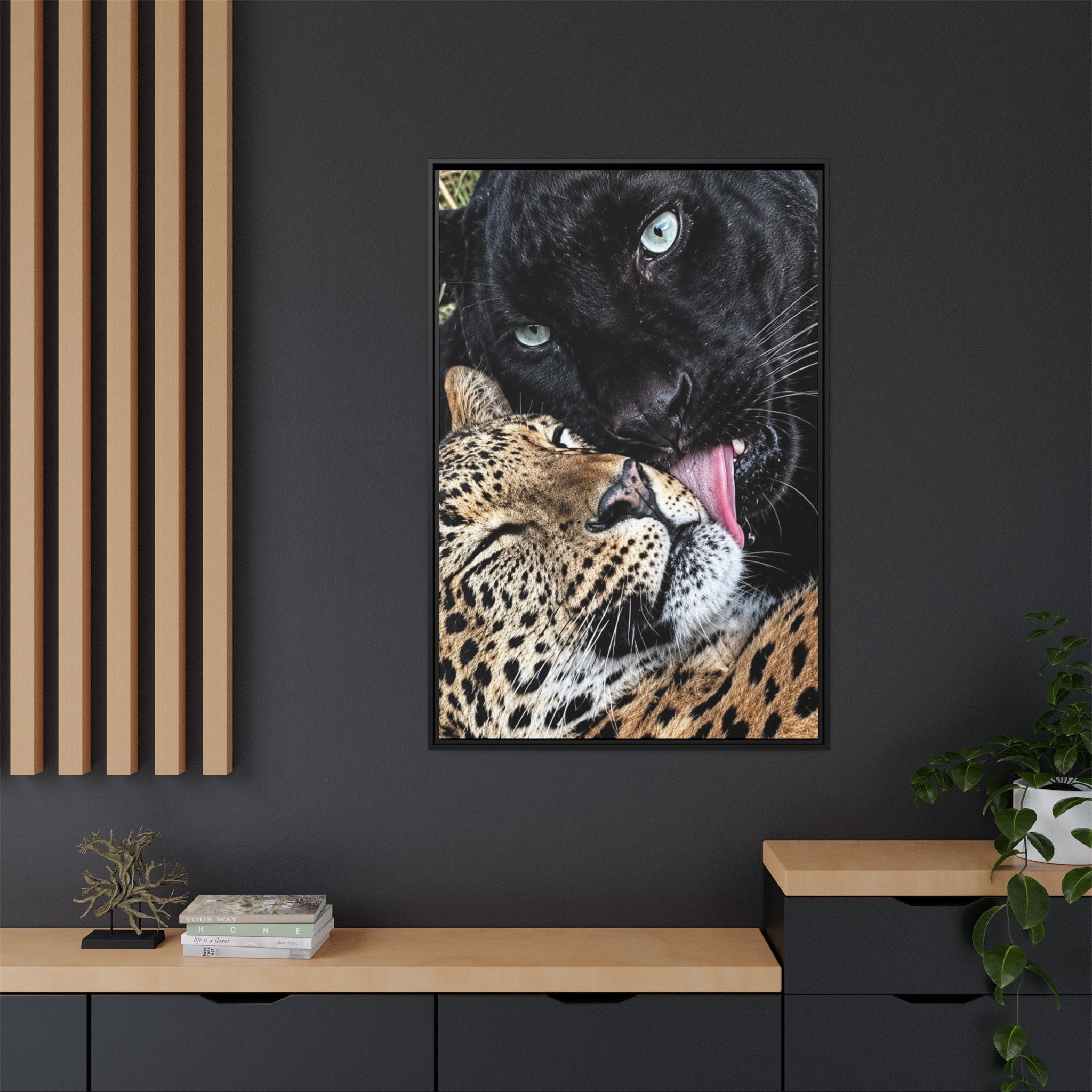 Big Cat Portrait Matte Canvas Framed — 'Perfect' Love-Themed Multi-Color Wall Art