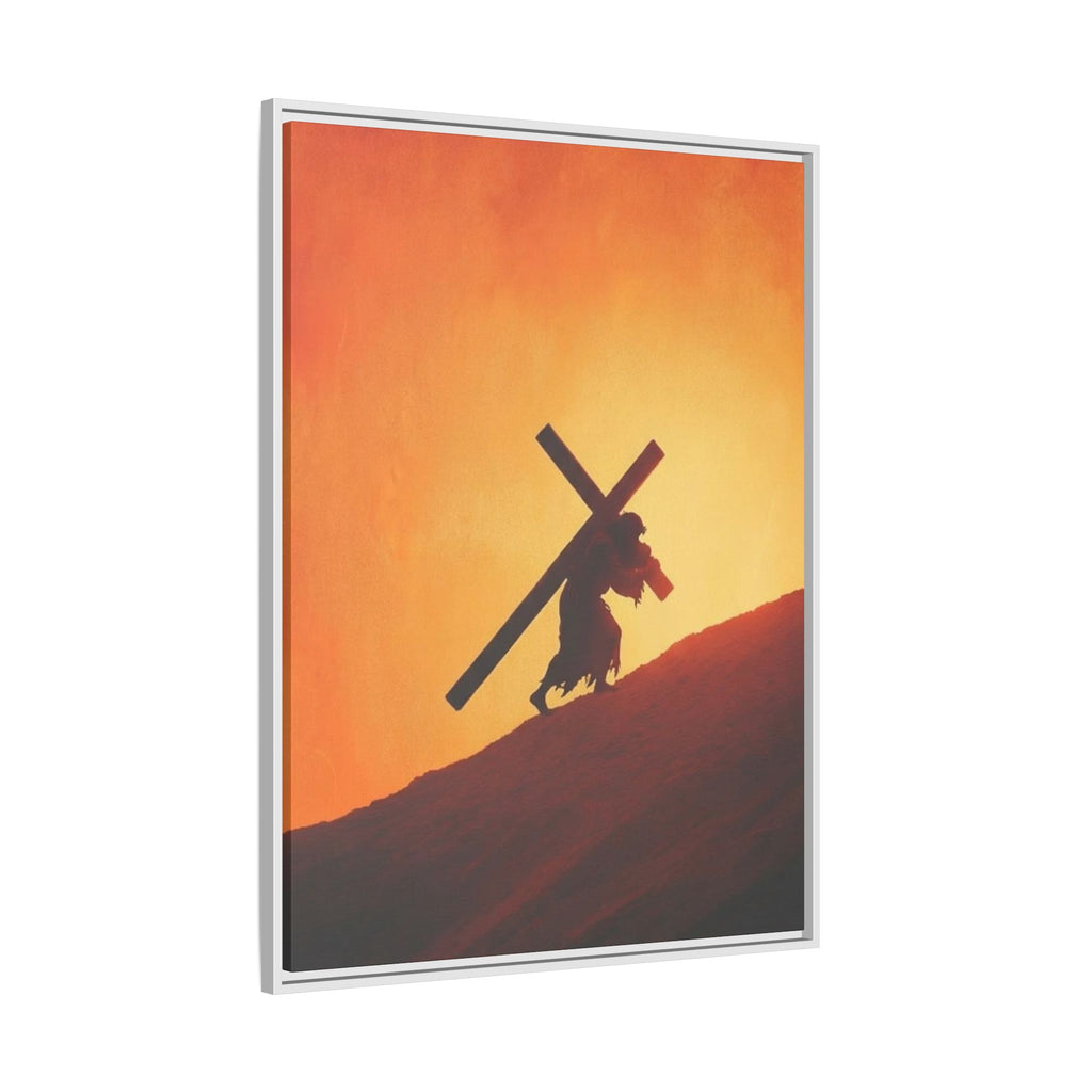 Jesus Christ Carrying Cross Framed Canvas — 'The World On His Shoulder' Sunset Art
