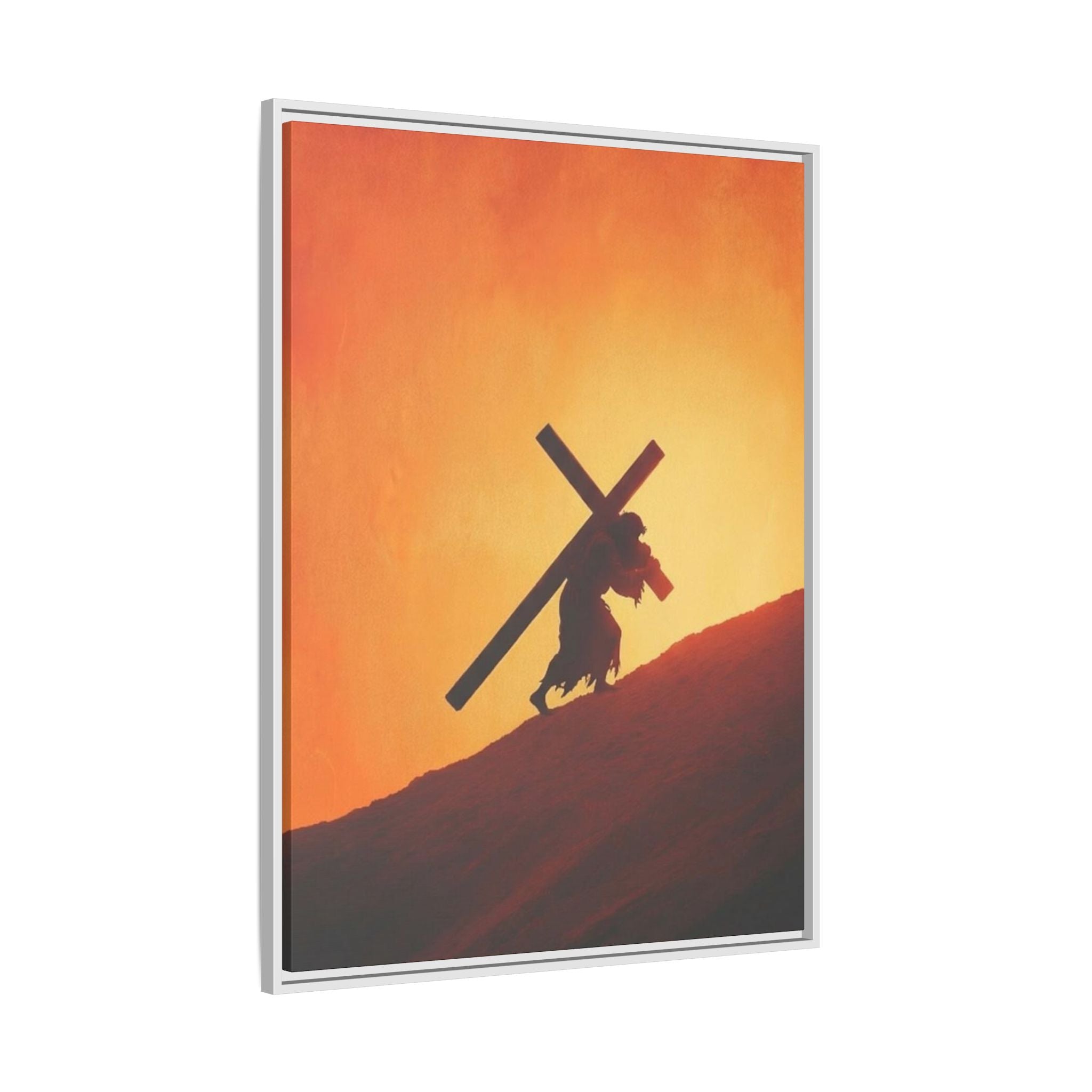 Jesus Christ Carrying Cross Framed Canvas — 'The World On His Shoulder' Sunset Art