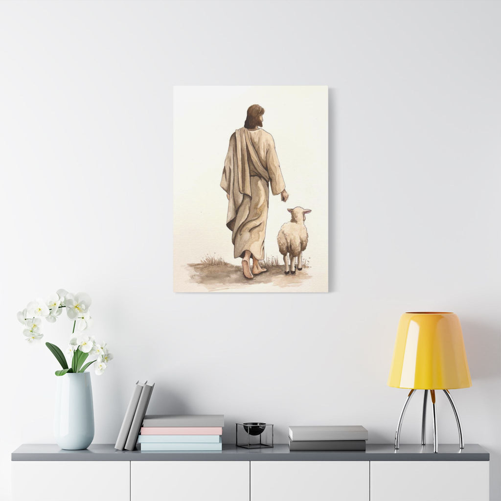 Jesus with Lamb Satin Canvas Wall Art – Christian Religious Stretched Canvas