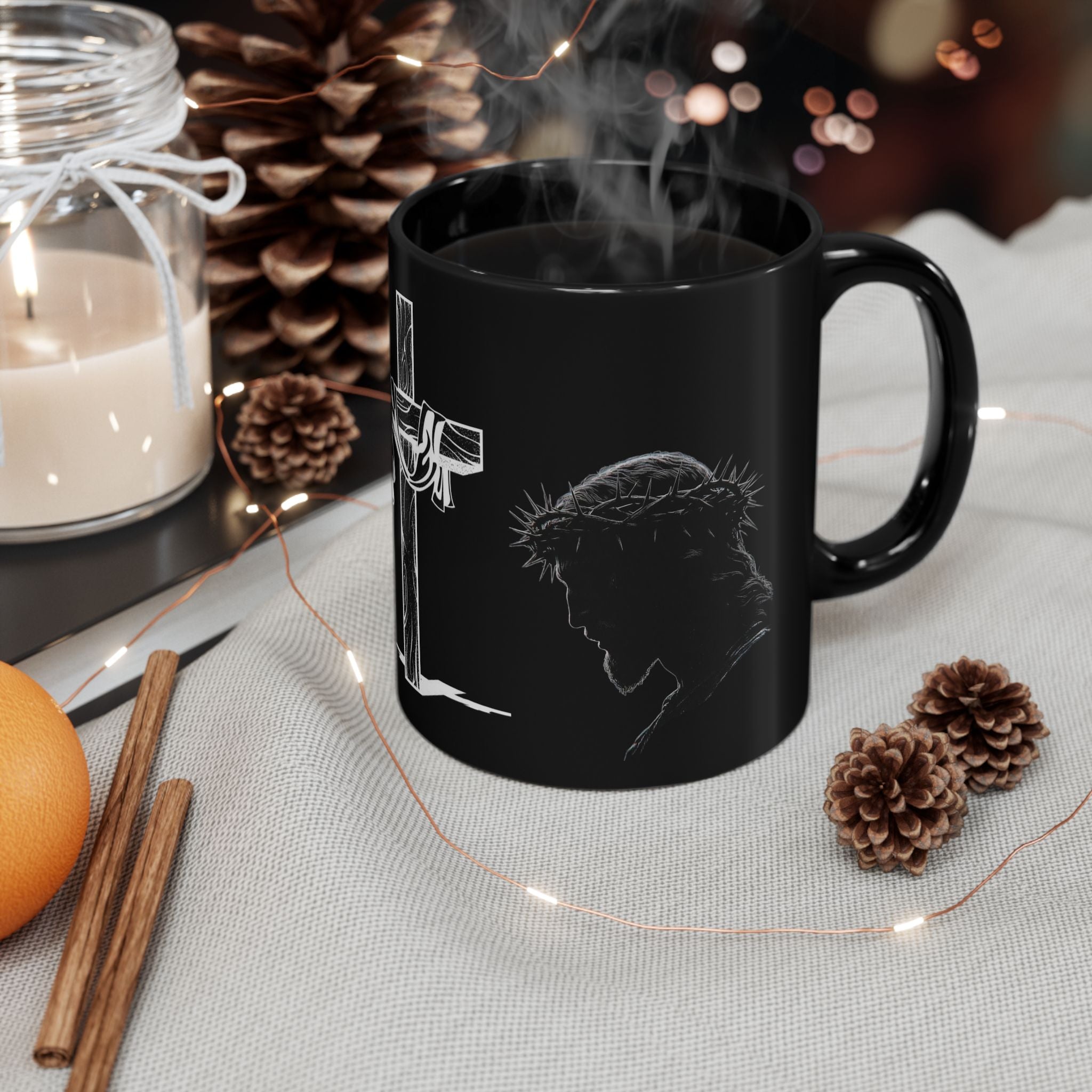 Christian Cross & Crown of Thorns Black Coffee Mug — Inspirational Scripture Gift (11oz/15oz)