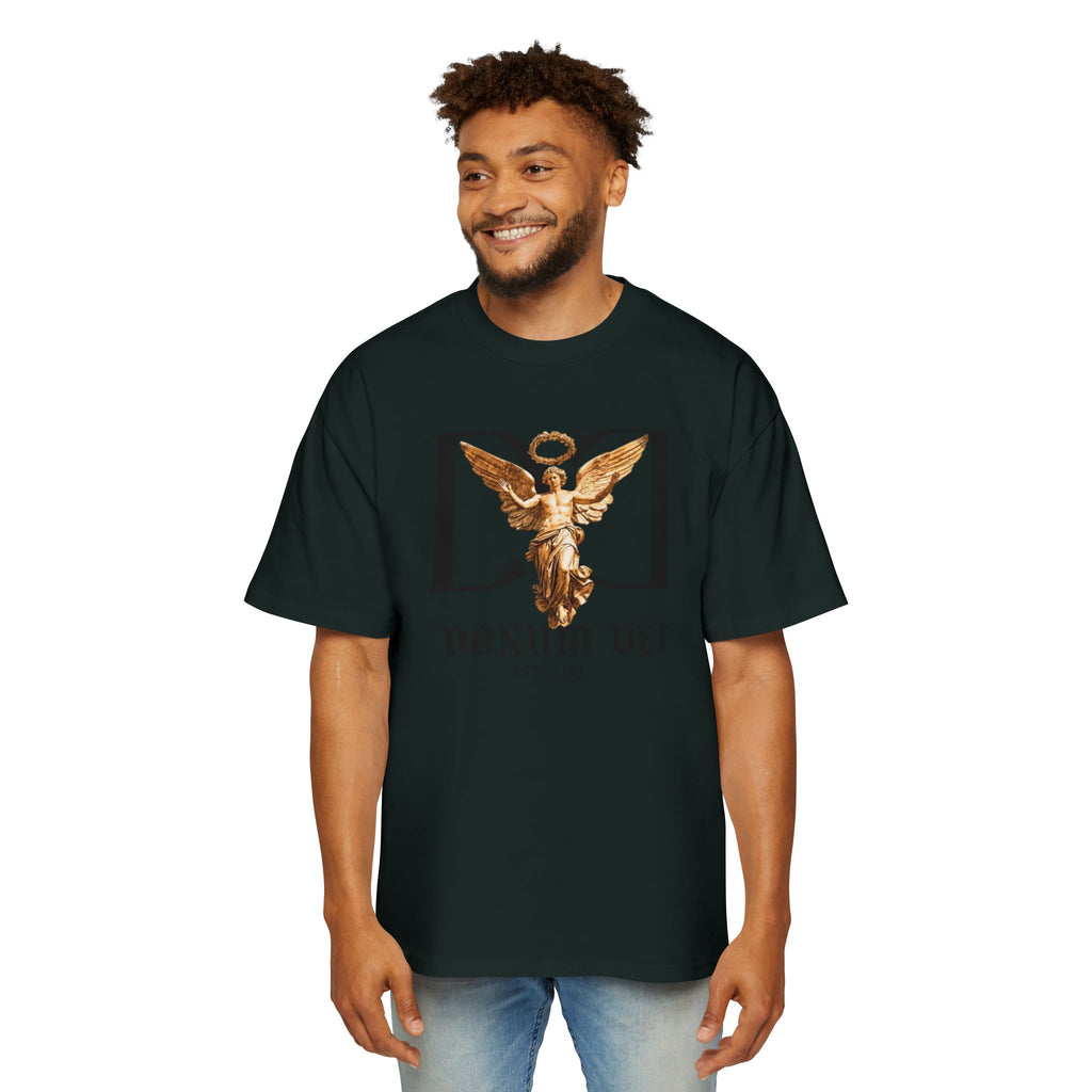 Donum Dei Angel Graphic Tee — Vintage Roman Lettering Men’s Oversized T‑Shirt