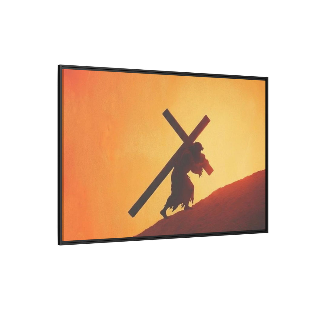 Jesus Christ Carrying Cross Framed Canvas — 'The World On His Shoulder' Sunset Art