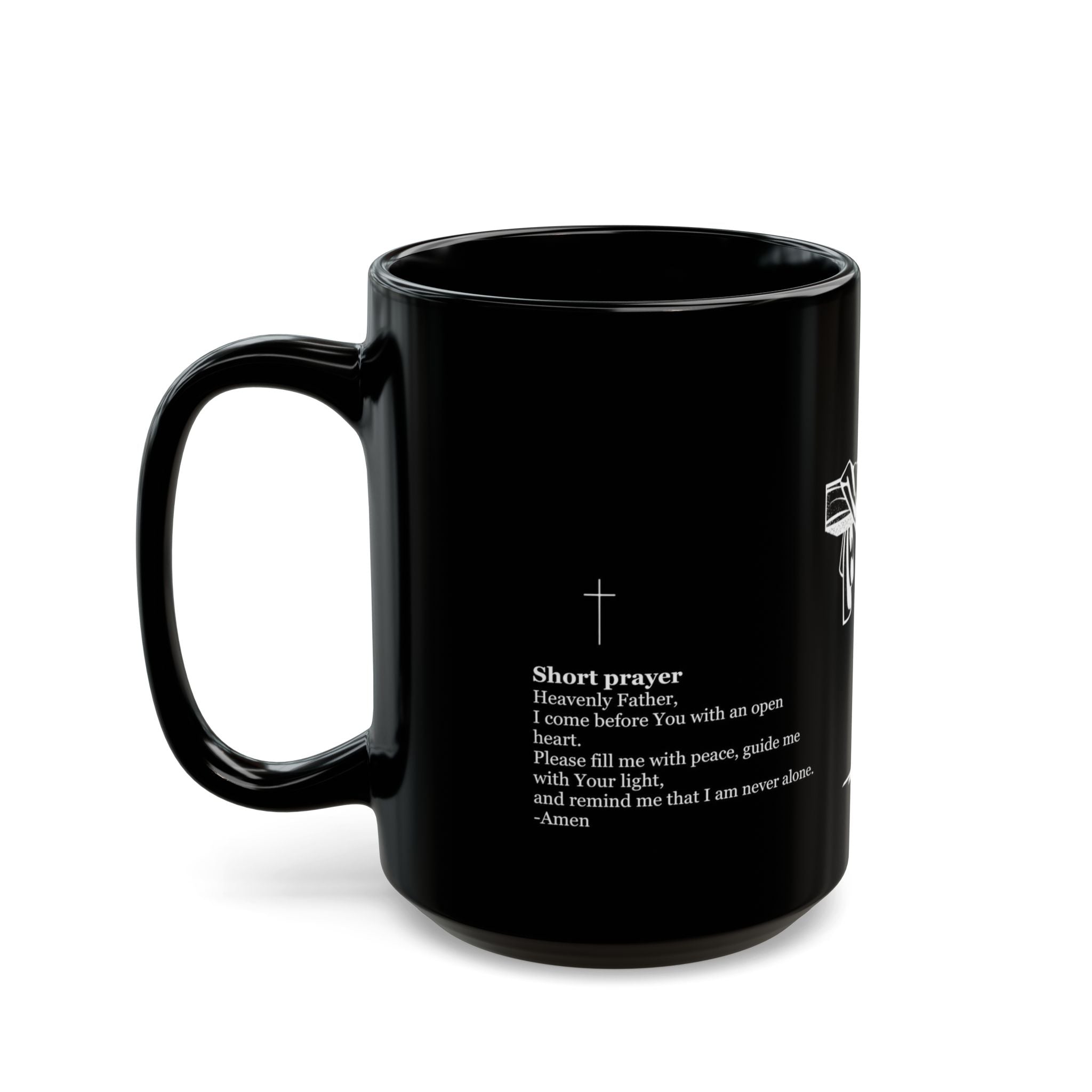 Christian Cross & Crown of Thorns Black Coffee Mug — Inspirational Scripture Gift (11oz/15oz)