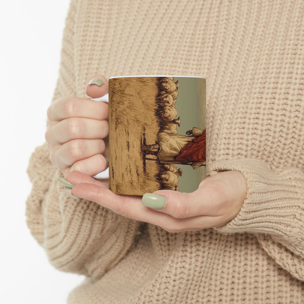 Rustic Shepherd Ceramic Mug – Vintage Pastor Walking Scene Coffee Cup (11oz, 15oz)