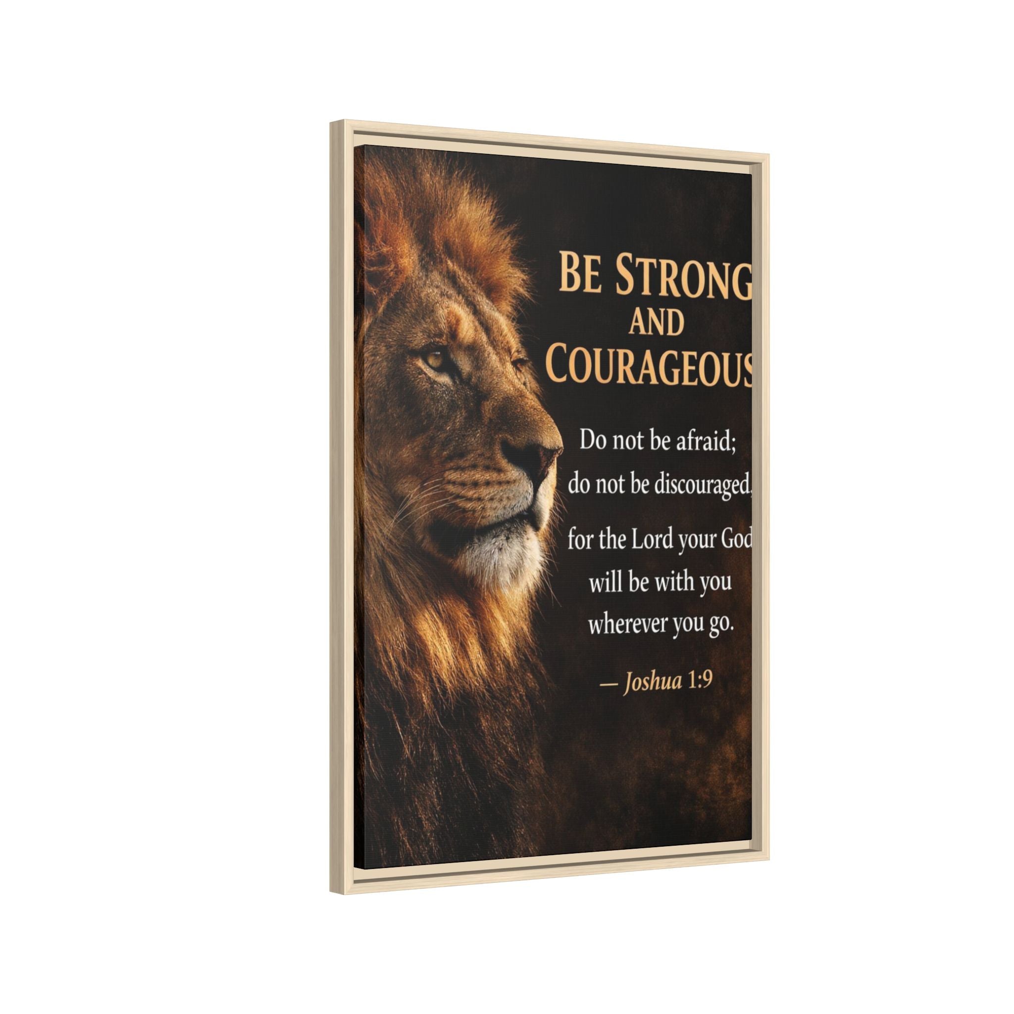 Framed Canvas Wall Art — "Be Strong and Courageous" Lion Joshua 1:9 Inspirational FAITH Art