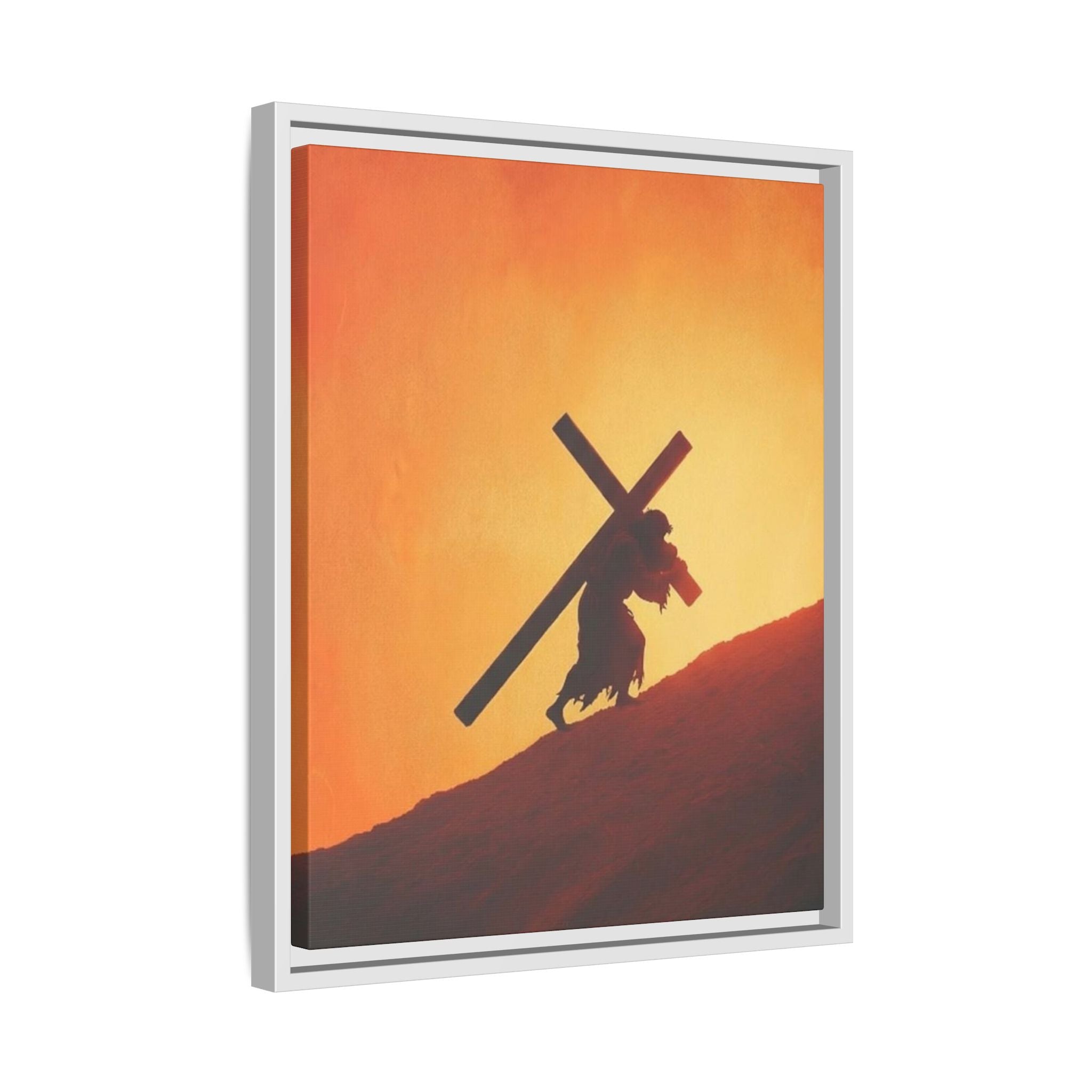 Jesus Christ Carrying Cross Framed Canvas — 'The World On His Shoulder' Sunset Art