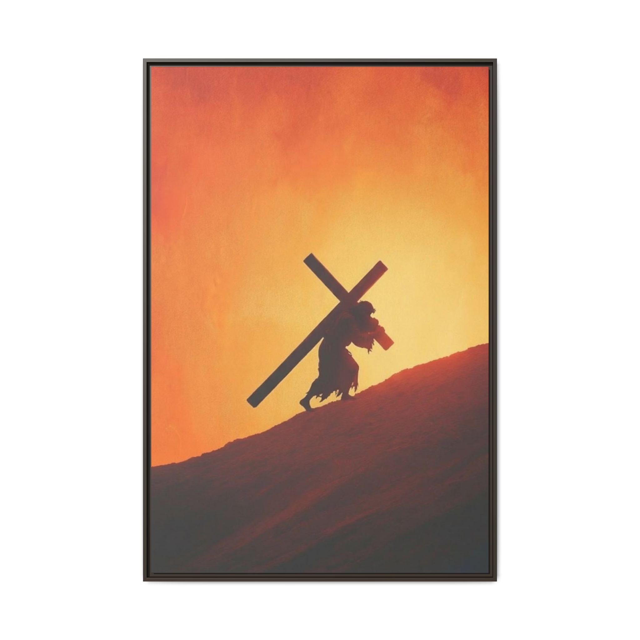Jesus Christ Carrying Cross Framed Canvas — 'The World On His Shoulder' Sunset Art