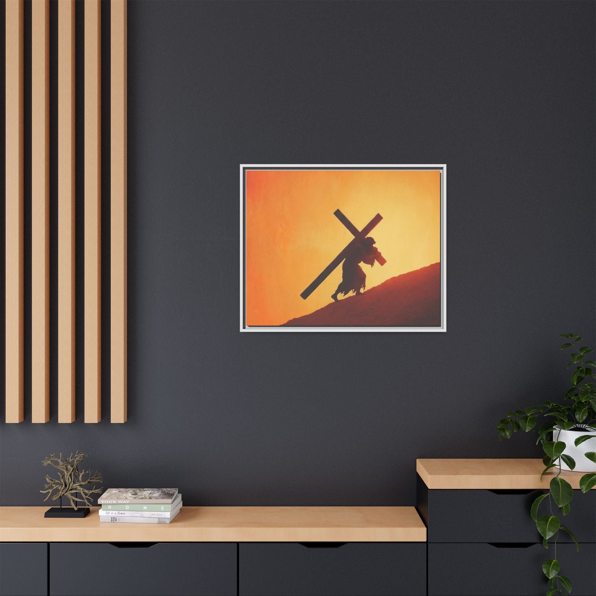 Jesus Christ Carrying Cross Framed Canvas — 'The World On His Shoulder' Sunset Art