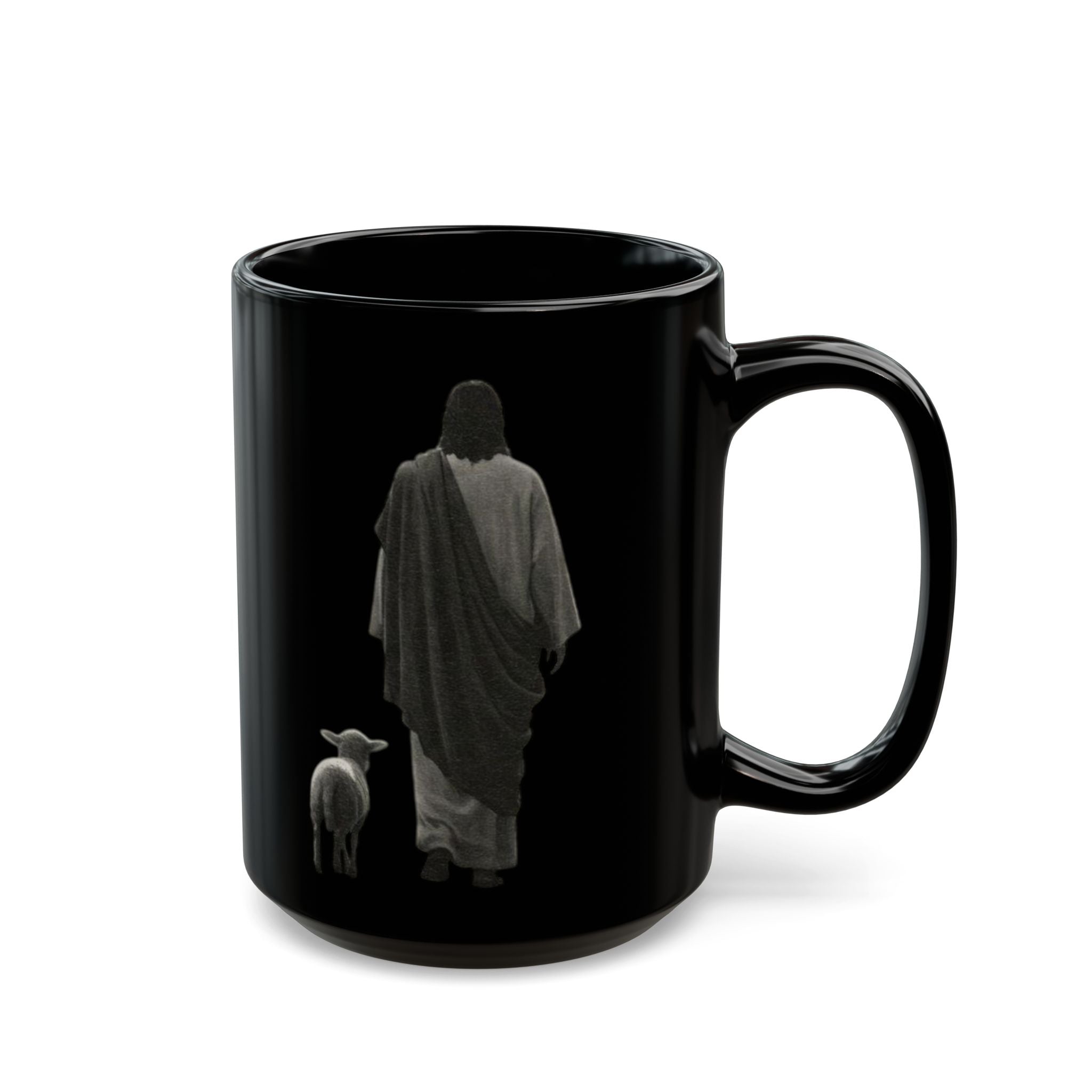 Jesus with Lamb Black Mug — Faith Inspirational Coffee Cup (11oz, 15oz)