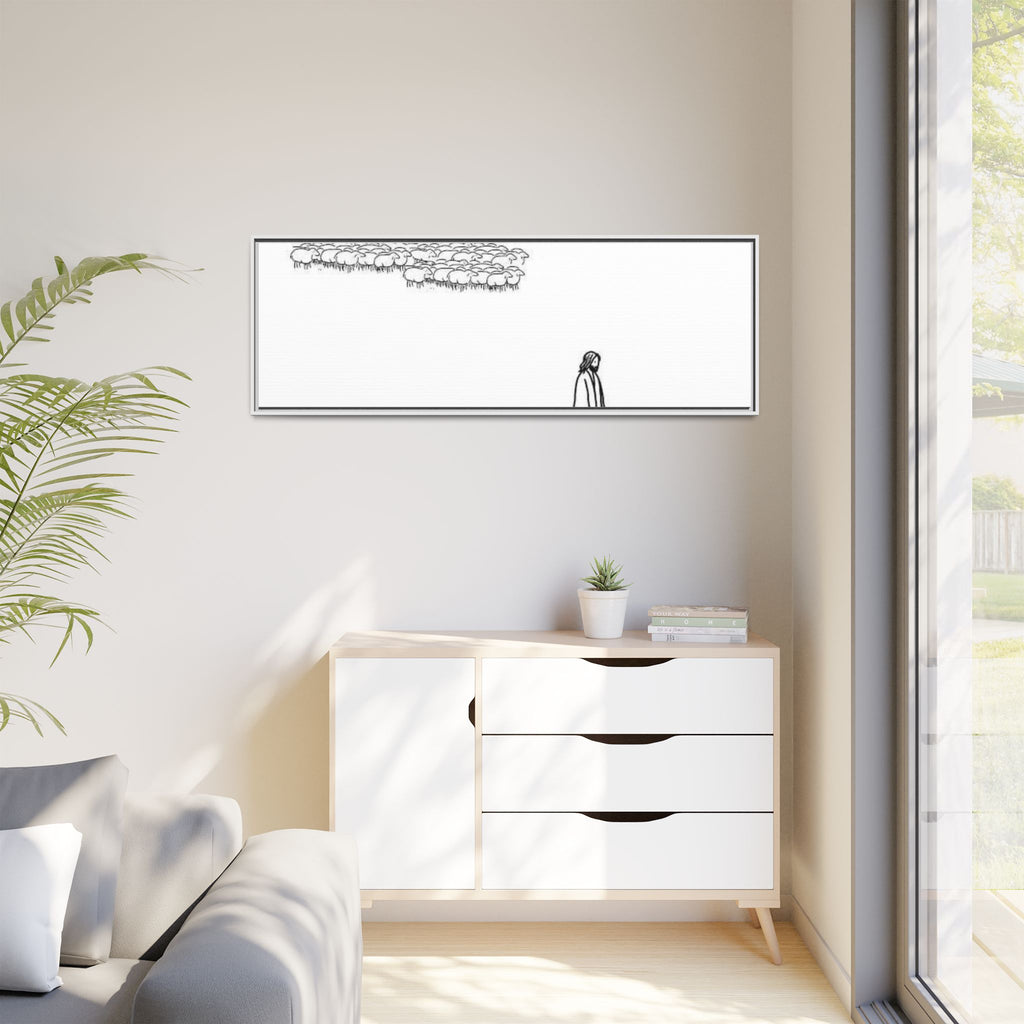 Framed Matte Canvas Print — Minimal The Good Shepherd & Flock Line Art