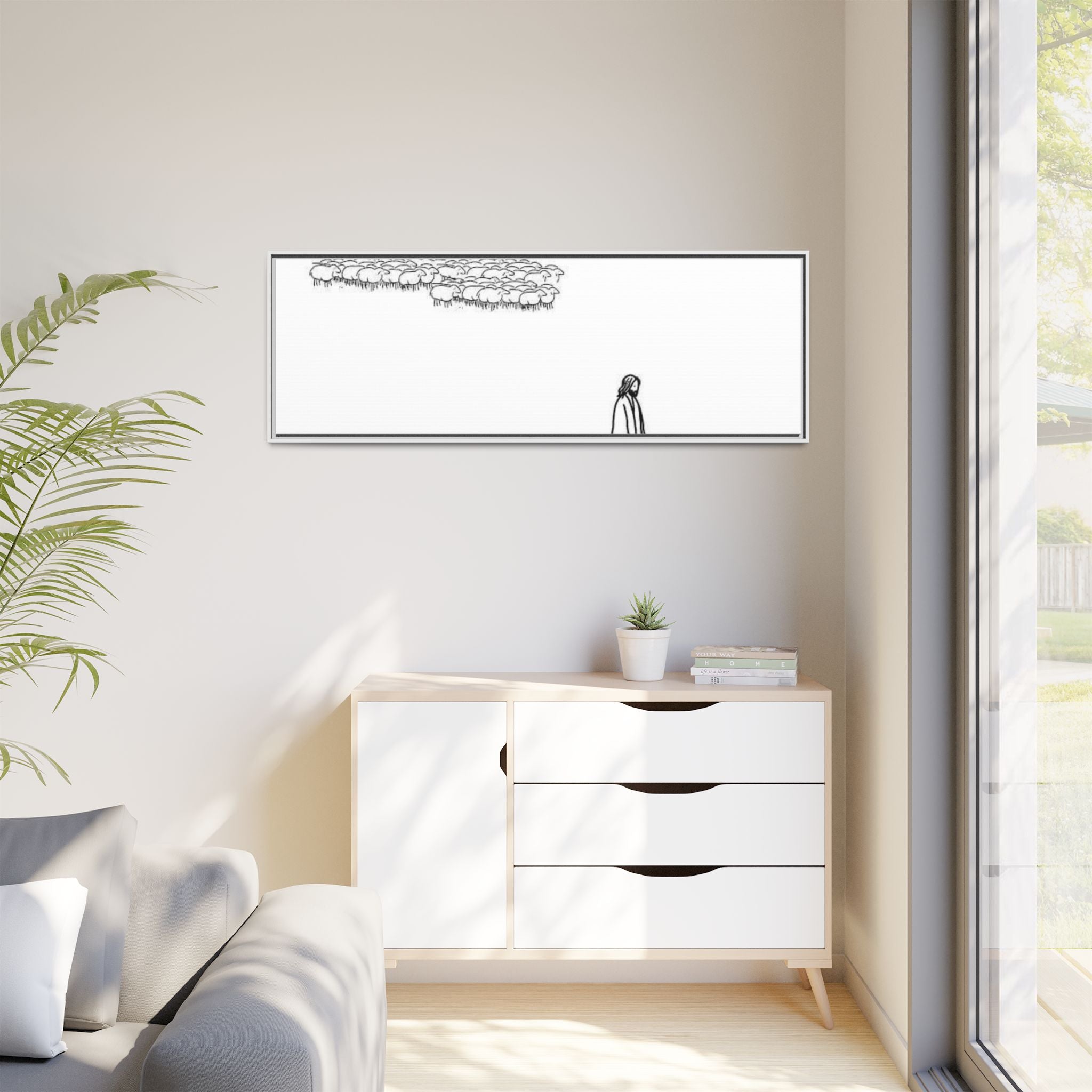 Framed Matte Canvas Print — Minimal The Good Shepherd & Flock Line Art
