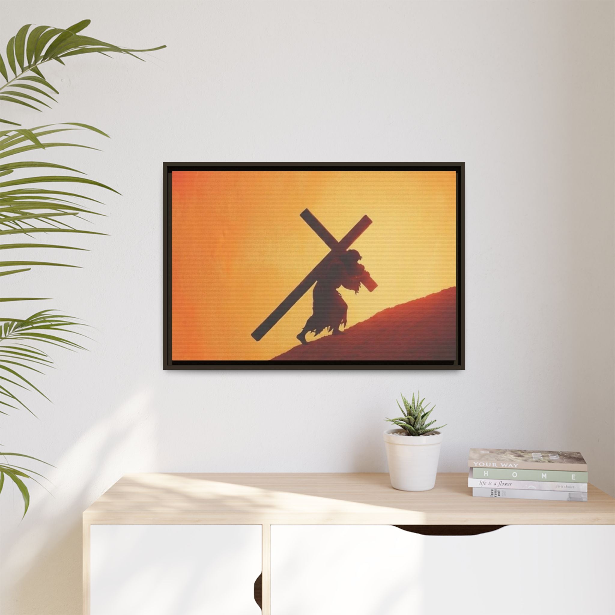 Jesus Christ Carrying Cross Framed Canvas — 'The World On His Shoulder' Sunset Art