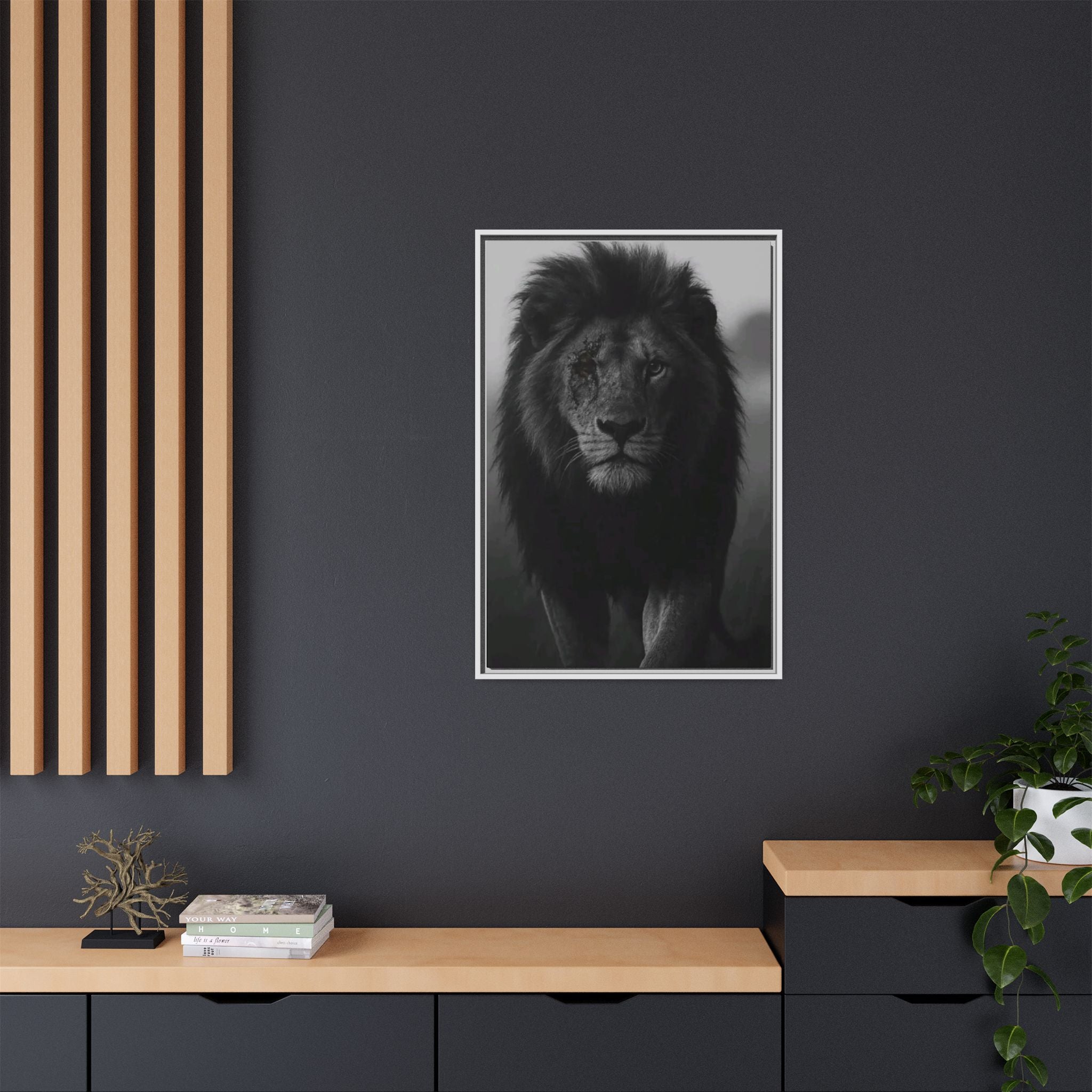 Framed Matte Canvas Lion Wall Art – Black & White Majestic Lion Print