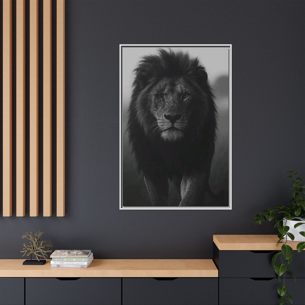 Framed Matte Canvas Lion Wall Art – Black & White Majestic Lion Print