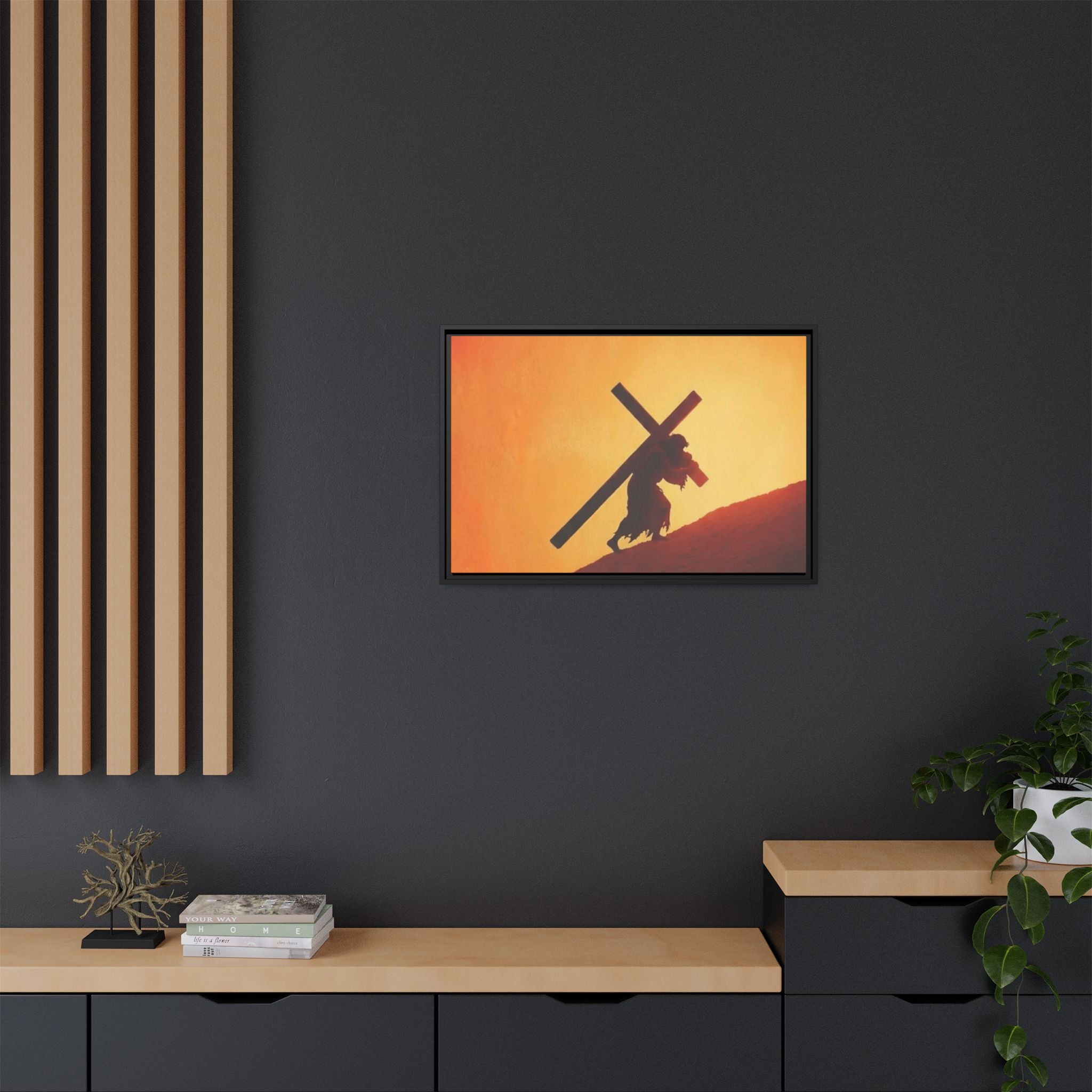 Jesus Christ Carrying Cross Framed Canvas — 'The World On His Shoulder' Sunset Art