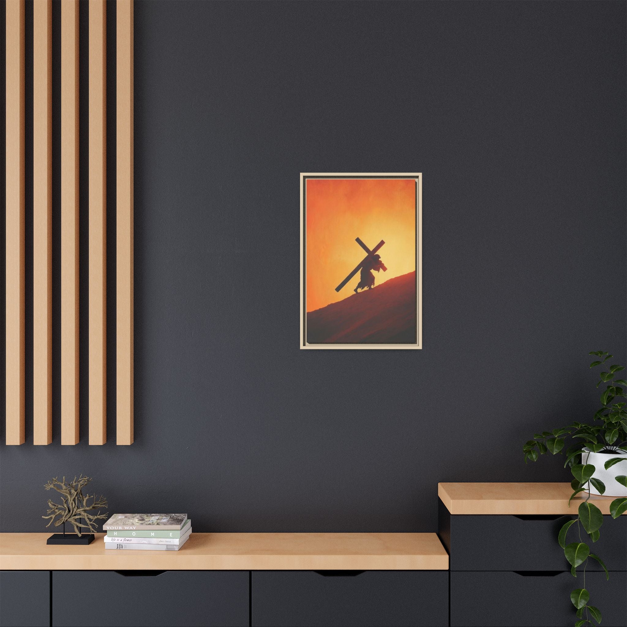 Jesus Christ Carrying Cross Framed Canvas — 'The World On His Shoulder' Sunset Art