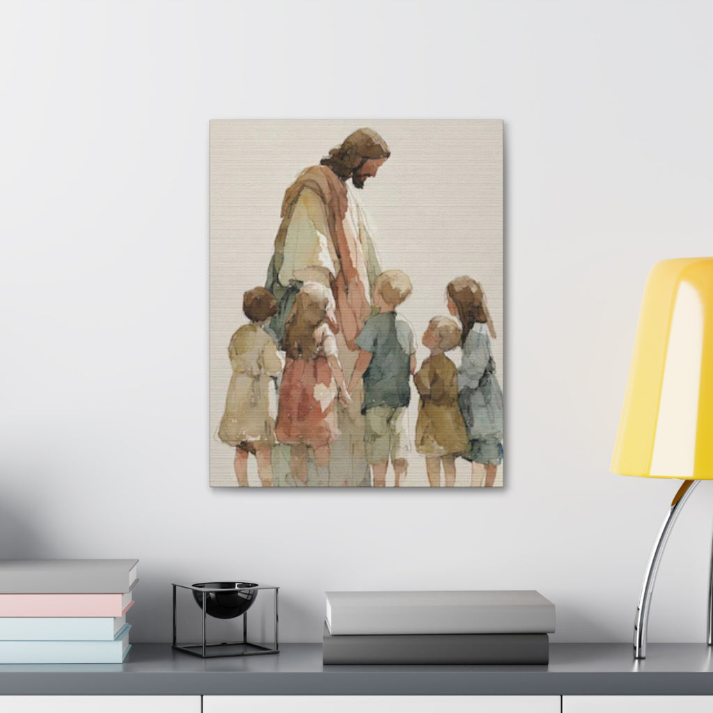 Faithful Father and Children Watercolor Canvas Print — Religious Nursery Wall Art