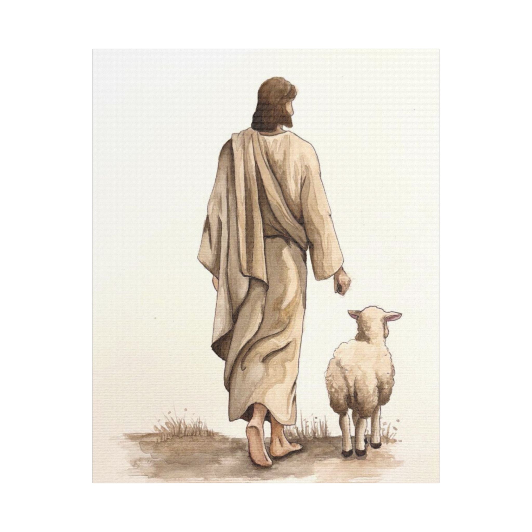 Jesus with Lamb Satin Canvas Wall Art – Christian Religious Stretched Canvas