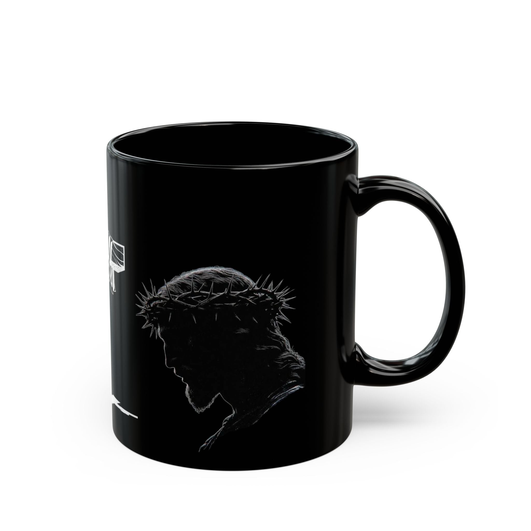 Christian Cross & Crown of Thorns Black Coffee Mug — Inspirational Scripture Gift (11oz/15oz)