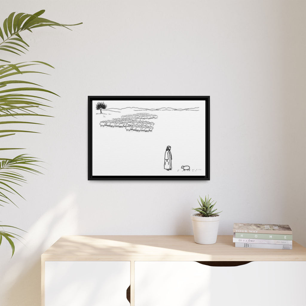 Framed Matte Canvas Print — Minimal The Good Shepherd & Flock Line Art