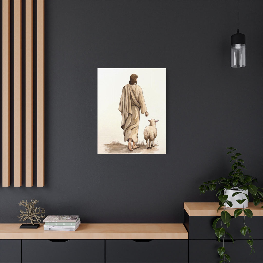 Jesus with Lamb Satin Canvas Wall Art – Christian Religious Stretched Canvas