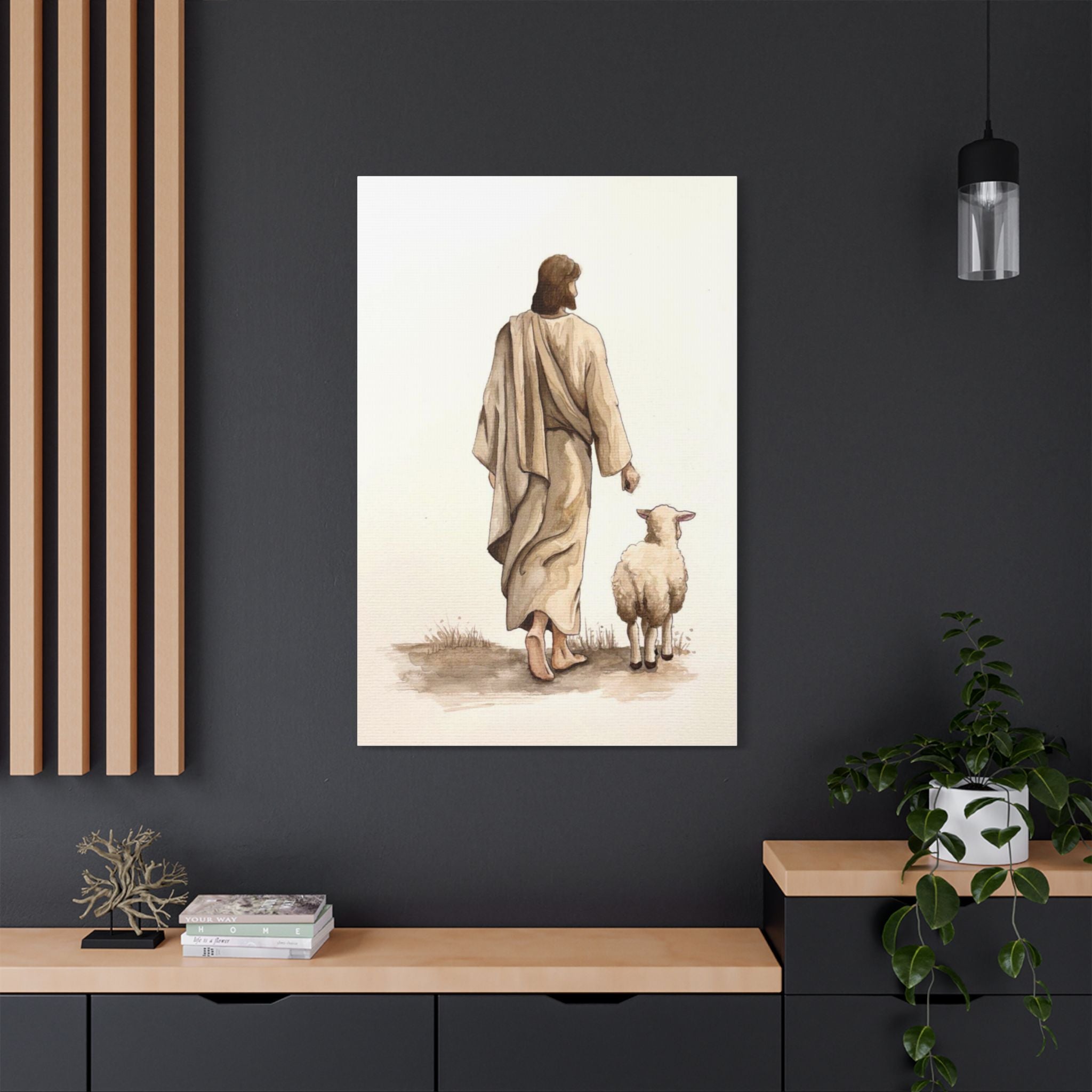 Jesus with Lamb Satin Canvas Wall Art – Christian Religious Stretched Canvas