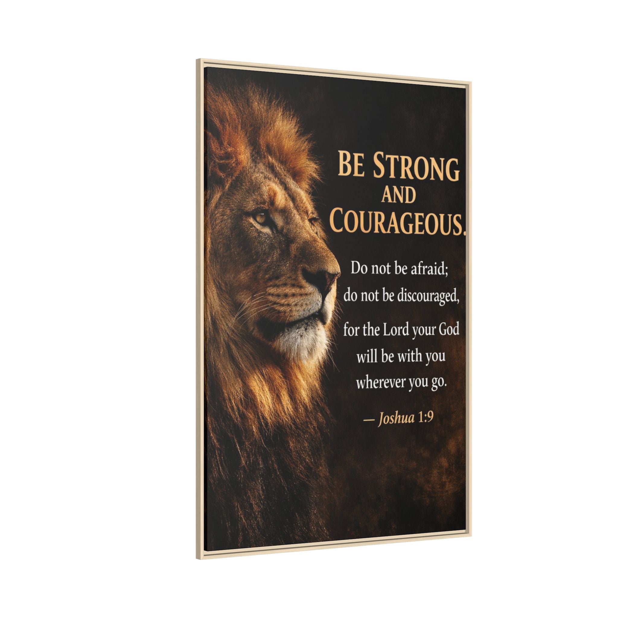 Framed Canvas Wall Art — "Be Strong and Courageous" Lion Joshua 1:9 Inspirational FAITH Art