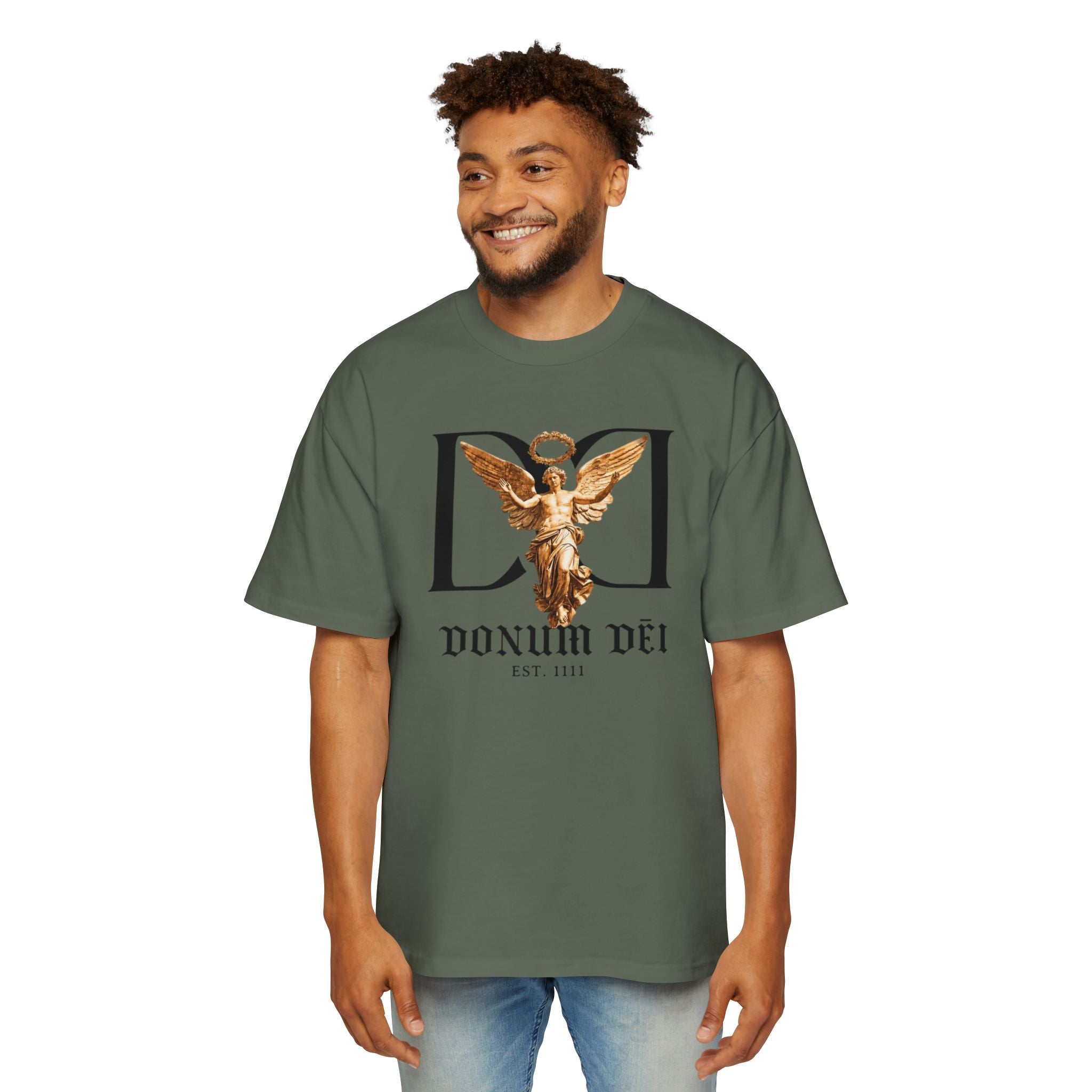 Donum Dei Angel Graphic Tee — Vintage Roman Lettering Men’s Oversized T‑Shirt