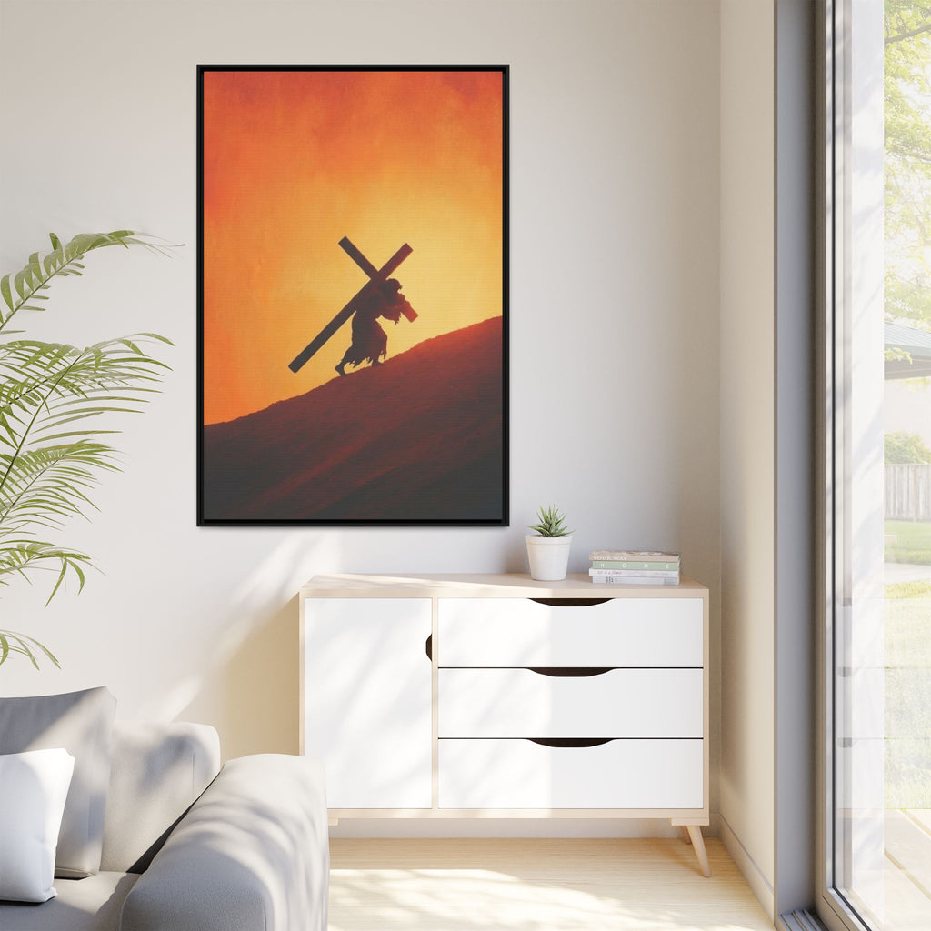 Jesus Christ Carrying Cross Framed Canvas — 'The World On His Shoulder' Sunset Art