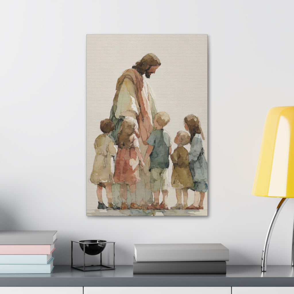 Faithful Father and Children Watercolor Canvas Print — Religious Nursery Wall Art