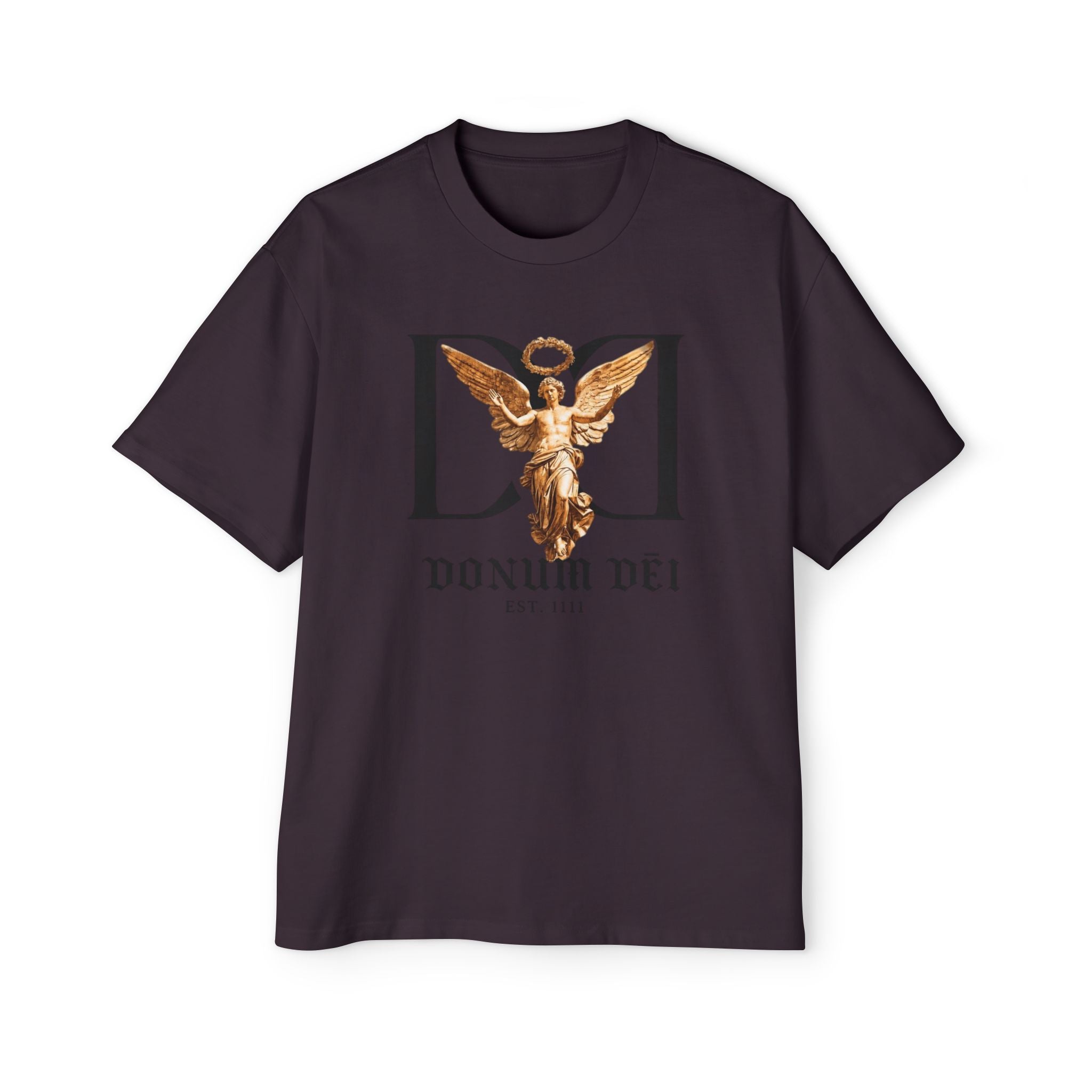 Donum Dei Angel Graphic Tee — Vintage Roman Lettering Men’s Oversized T‑Shirt