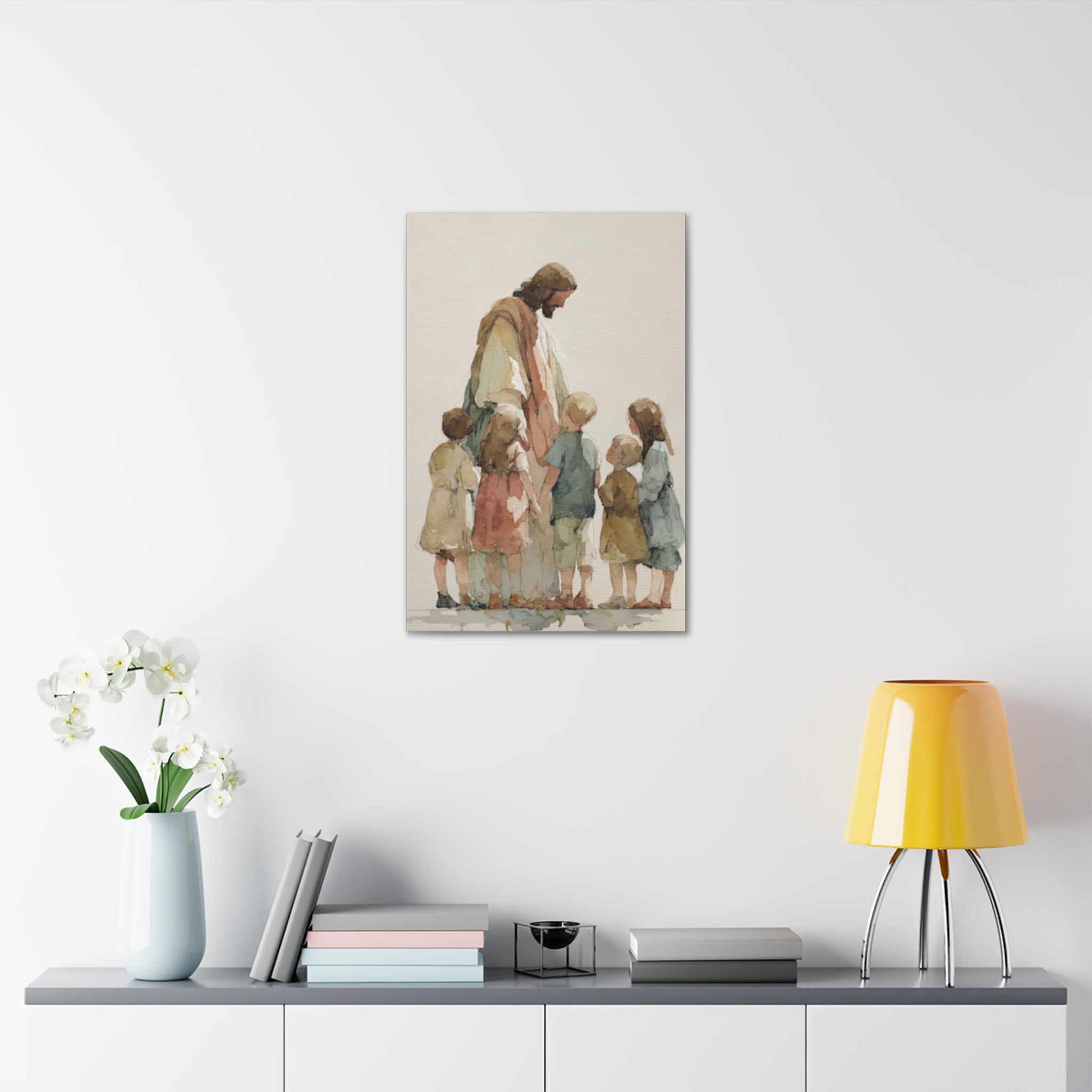 Faithful Father and Children Watercolor Canvas Print — Religious Nursery Wall Art
