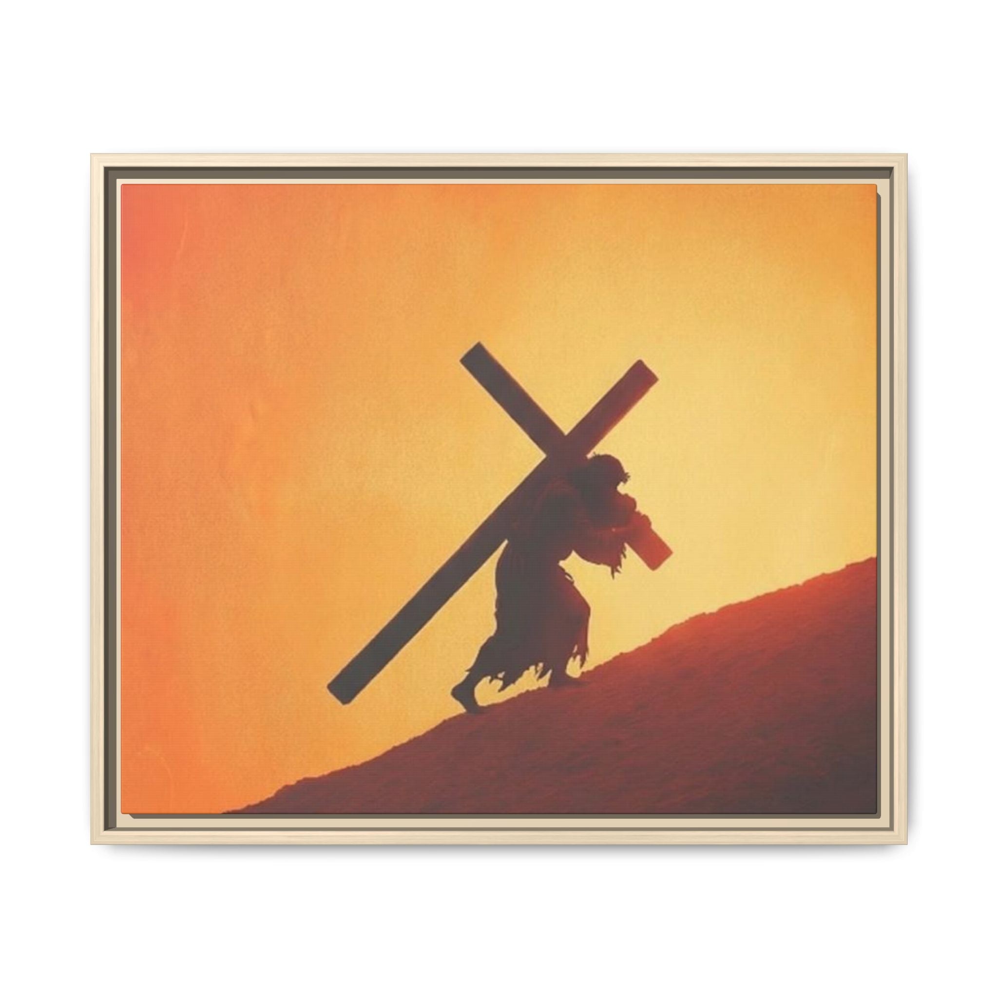 Jesus Christ Carrying Cross Framed Canvas — 'The World On His Shoulder' Sunset Art