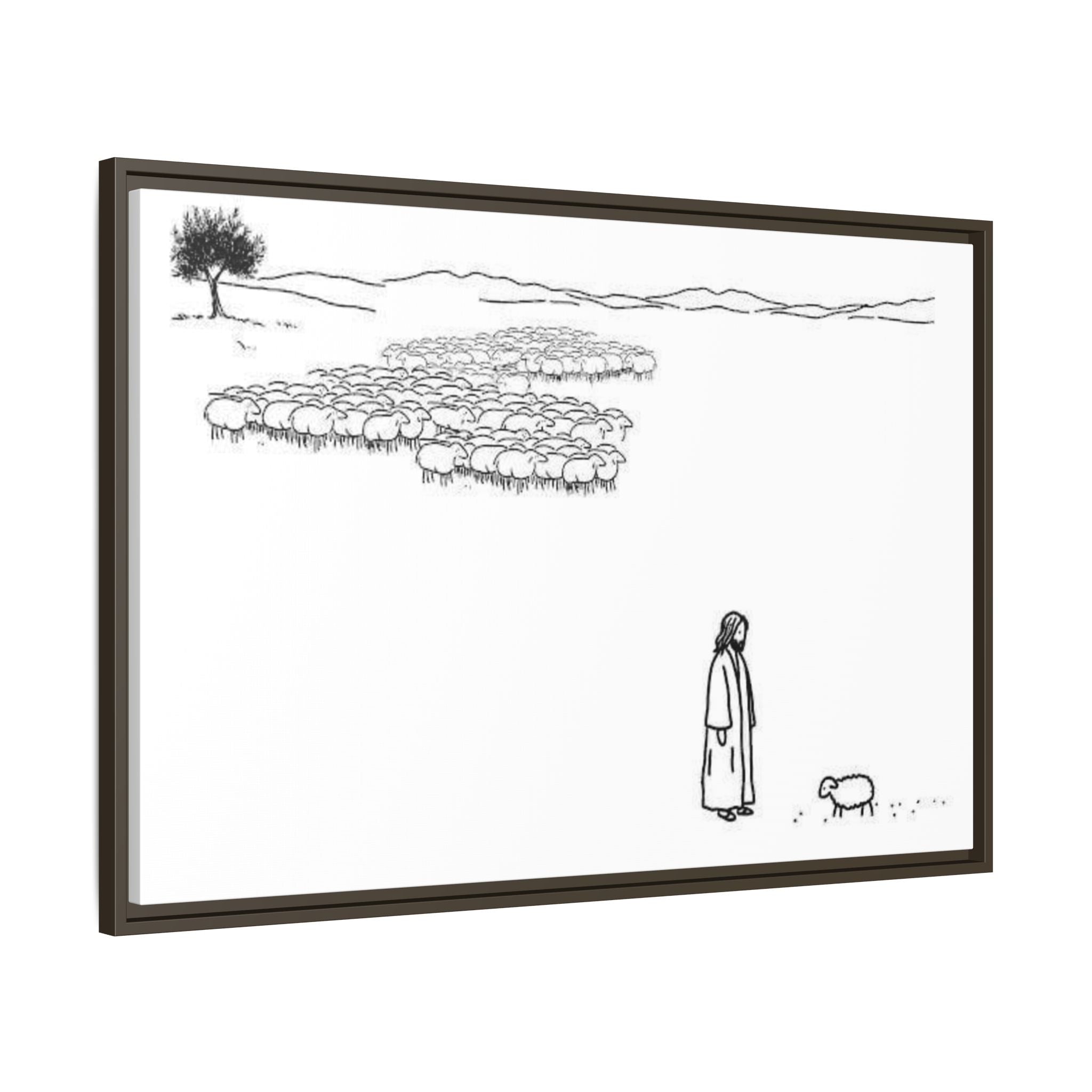 Framed Matte Canvas Print — Minimal The Good Shepherd & Flock Line Art