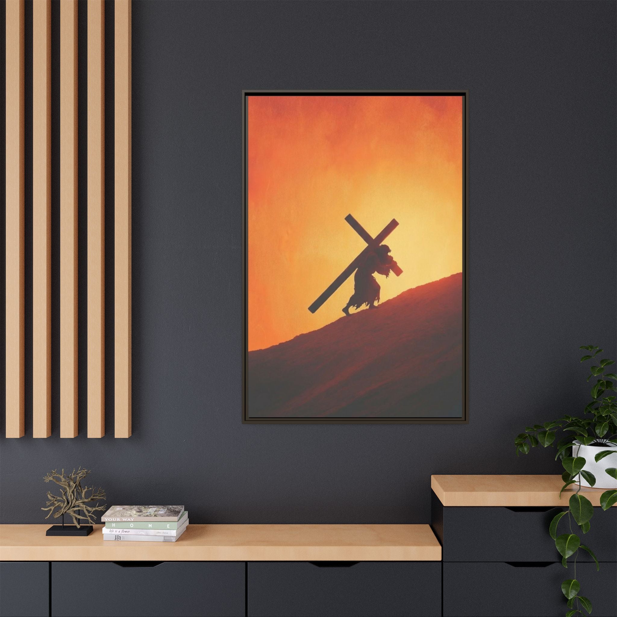Jesus Christ Carrying Cross Framed Canvas — 'The World On His Shoulder' Sunset Art